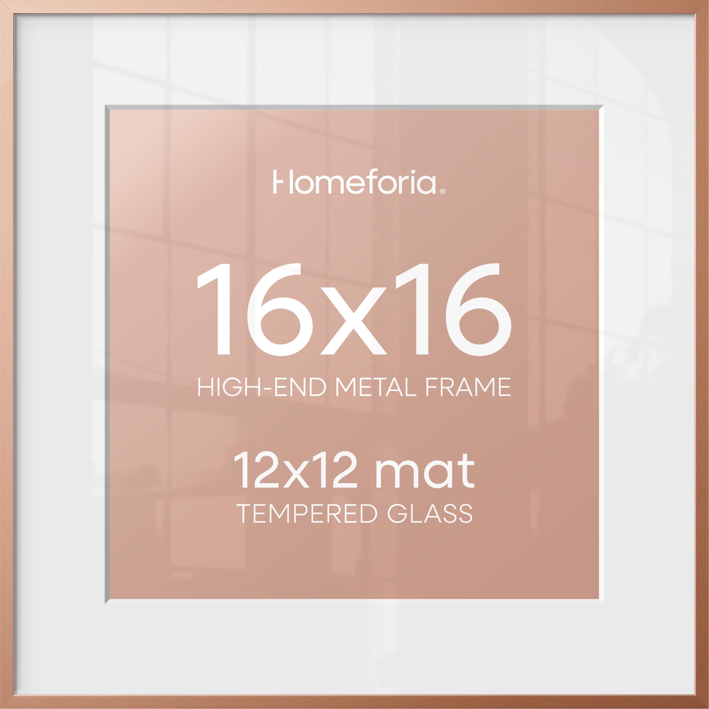 Homeforia 16x16 Picture Frame Rose Gold, High End Metal 16 x 16 Square Poster Frame with Mat 12 x 12 Photo, 16x16 Frame Matted to 12x12 Print, 16by16 Hanging Frames, Tempered Glass, Wall Kit, Set of 1