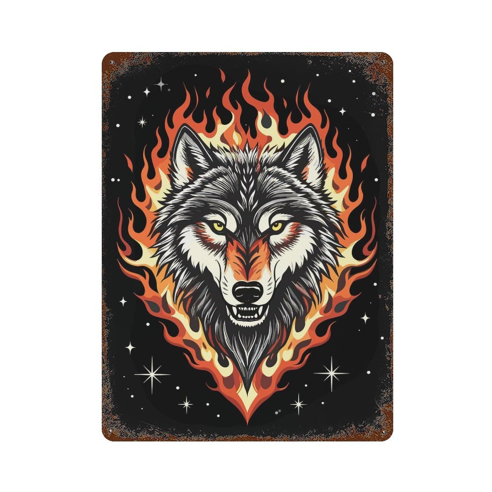 Garage Style Fiery Wolf Head Decorative Tin Sign 15.7"x11.8", Industrial Home Decor for Bar And Workshop