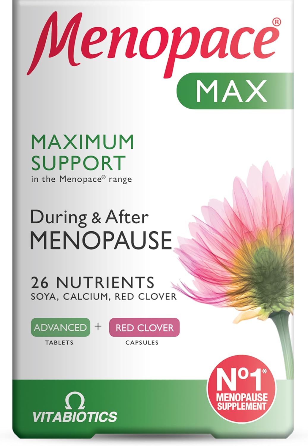 Menopace Max – Menopause & Perimenopause Maximum Support with Calcium, SOYA Isoflavones & Red Clover – UK’s No.1 Menopause Supplement Brand