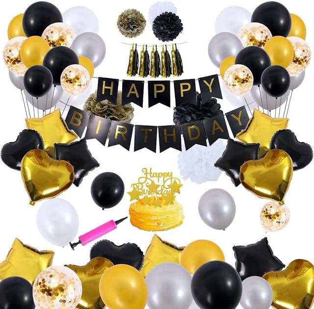Premium Reusable Black & Gold Birthday Party Decorations Set | 102 pcs | Happy Birthday Banner | Paper POMS POMS | Star, Heart Foil & Confetti Latex Balloons | Free Balloon Pump & Cake Topper Included