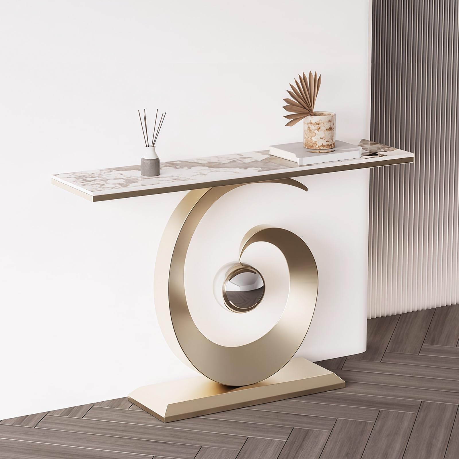 Consola para Entrada,Moderna Mesa de Entrada,Mesa Estrecha con Estructura de Metal,Mesa de Entrada con Base de círculo,para Recibidor Sala de Estar(Gold+Brown,150cm/59)