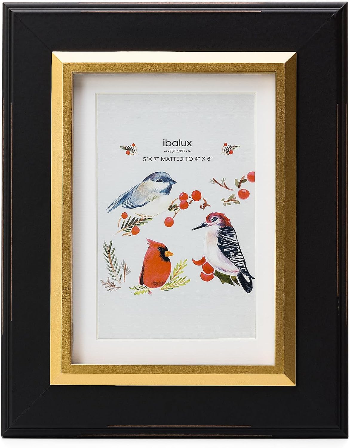 5x7 Black Wood Picture Frame with Real Glass, Gold Inner Border, Matted to 4x6, Vertical and Horizontal for Tabletop or Wall Hanging