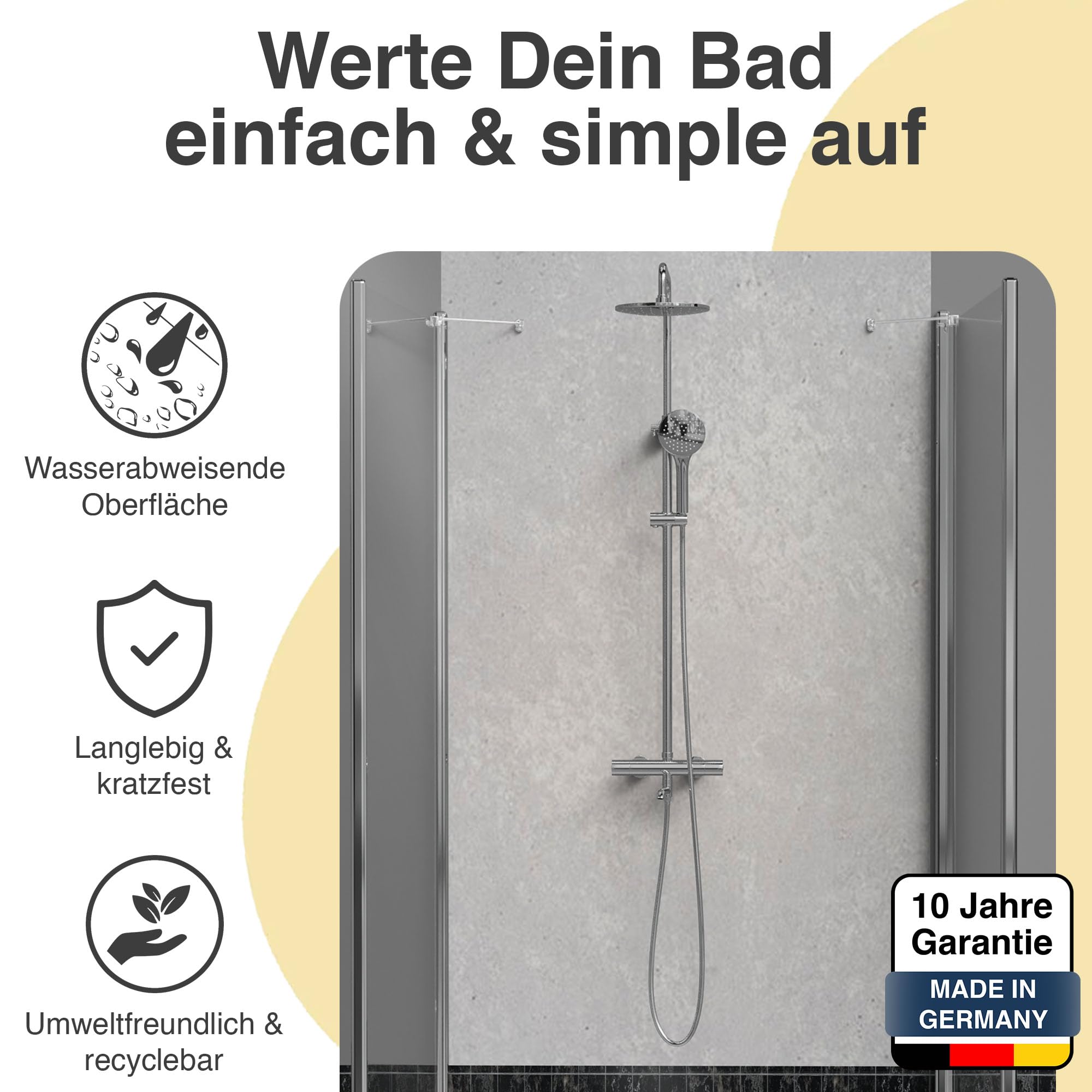 WALLando Premium Duschrückwand – Einfarbig, Seidenmatt, 250x100 Cm – Schnelle Wandverkleidung Ohne Bohren