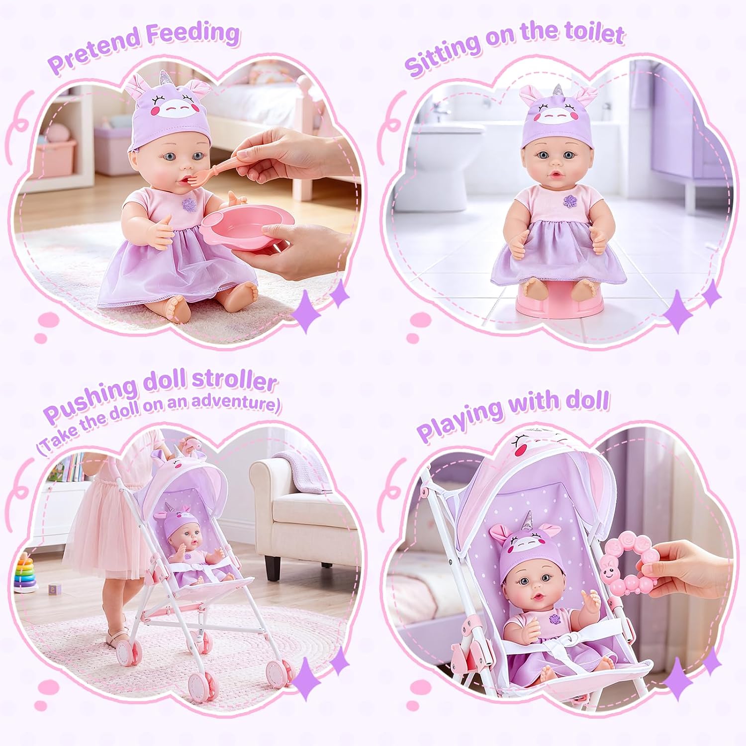 deAO Baby Doll Stroller Playset with 12" Doll (Purple) image 5