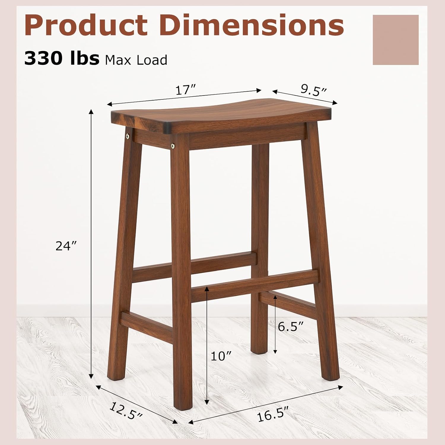 COSTWAY Solid Wood Saddle Stools Set of 4, 24-inch Height Backless Bar Stools with Rubber Wood Curved Seat, Footrests, Mid-Century Modern Wooden Counter Chairs for Kitchen Island Dining Room, Walnut