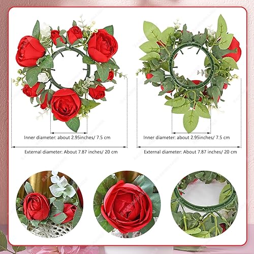 Miniatura 2 de BASEMMAHER Anillos de vela de rosas rojas para el día de San Valentín, coronas, flores artificiales con hojas verdes, mesa floral, centro de mesa,