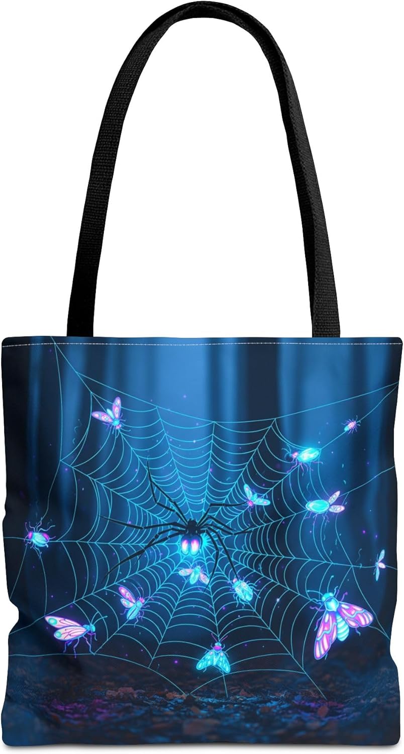 Premium Neon Spider Web Tote Bag with Glowing Insects and Reinforced Stitching