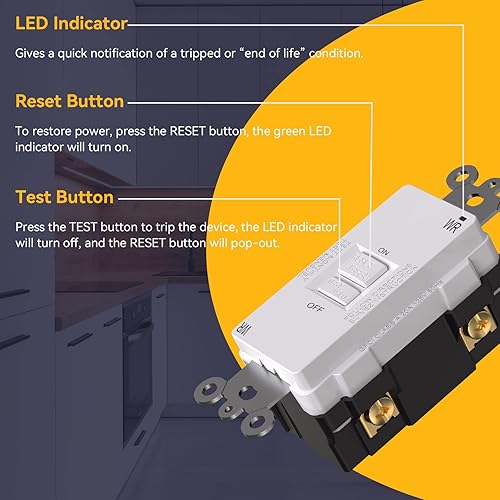 Miniatura 4 de AIDA Indicador LED GFCI WR de 20 amperios y 120 V de cara en blanco resistente a la intemperie, para interiores y exteriores, sin cara, salida GFCI