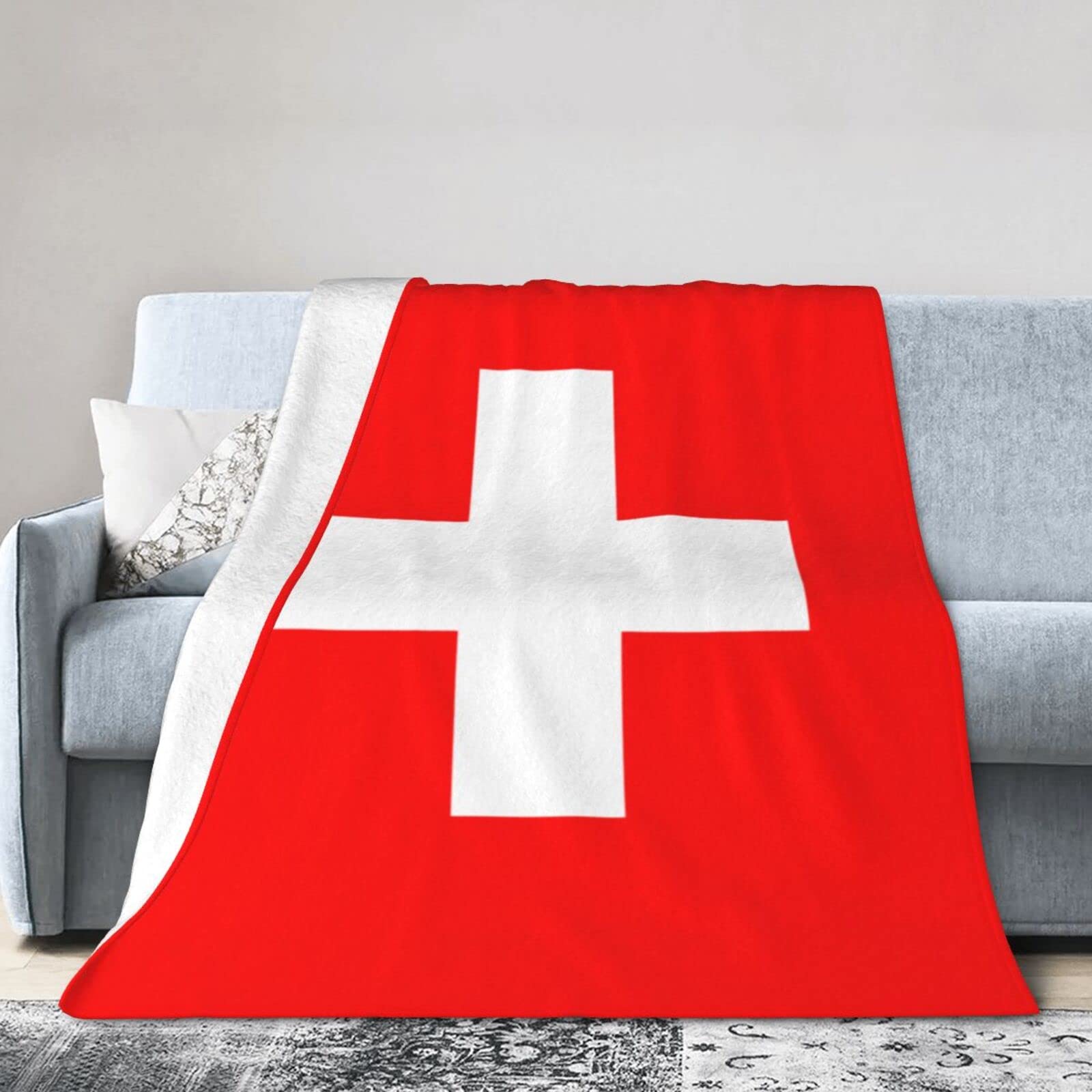 Melbrakin Switzerland Flag Blanket Throw Blanket Flannel Fleece Blanket Soft Fuzzy Lightweight Blanket For Sofa Bedroom Couch 60"X50"