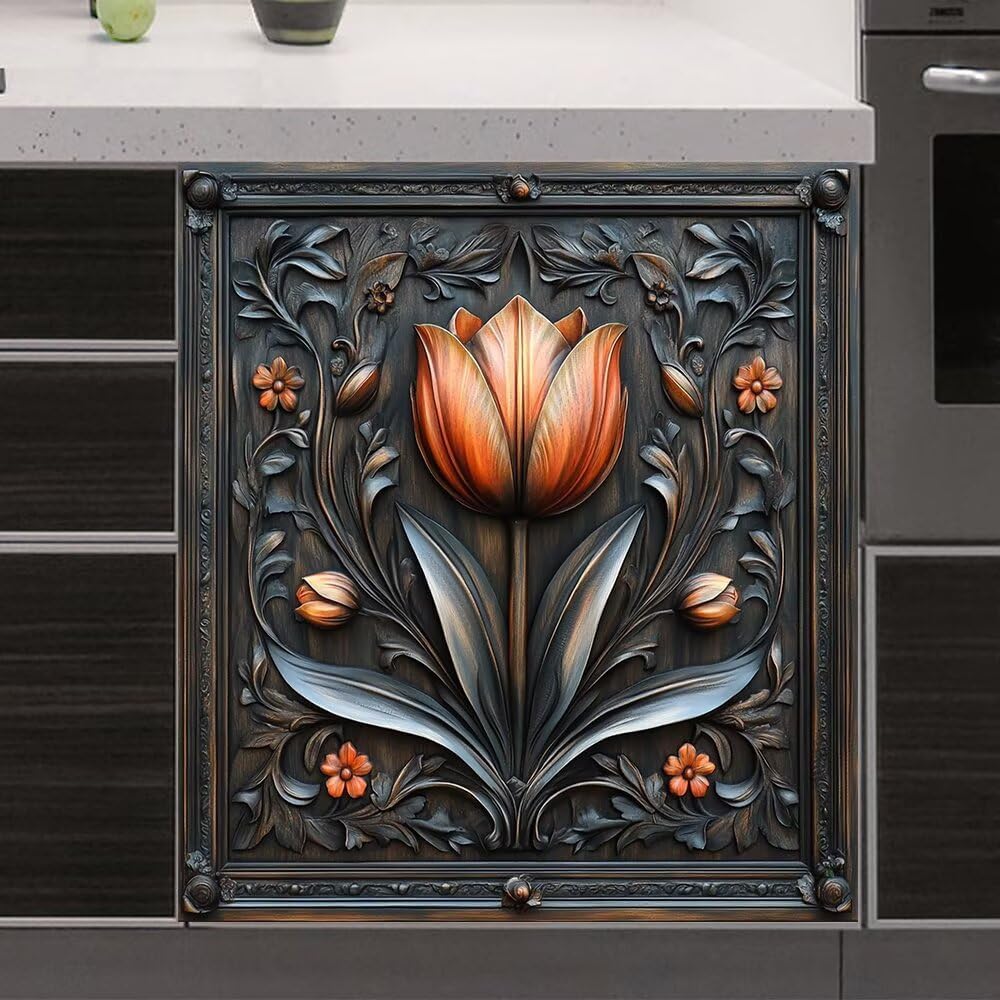 Wooden Tulip Magnet Dishwasher Door Cover Panel Decal, 3D Wood Carving Flower Magnetic Skin Decal for Refrigerator, Country Floral Fridge Cover Kitchen Decoration, 23 x 26 inches (Magnetic)