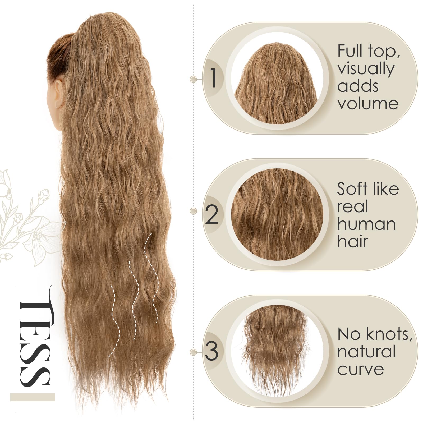 TESS 32 Inches Drawstring Ponytail Extension, Corn Curl Hair Pieces for Women 155g Curly Ponytail Extension, Light Brown - Image 3