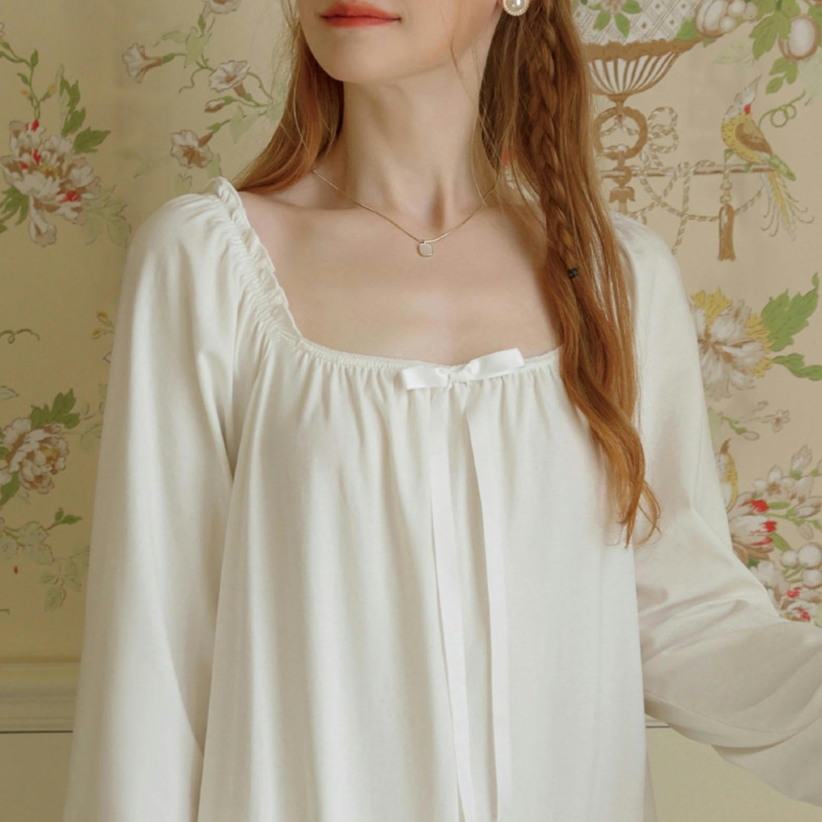 Camicia da Notte Donna Nightdress Cotton Women Spring And Autunno Sottile retrò Long Girl Girl Princess Style Long Sleeve Pigyamas-Bianco-L