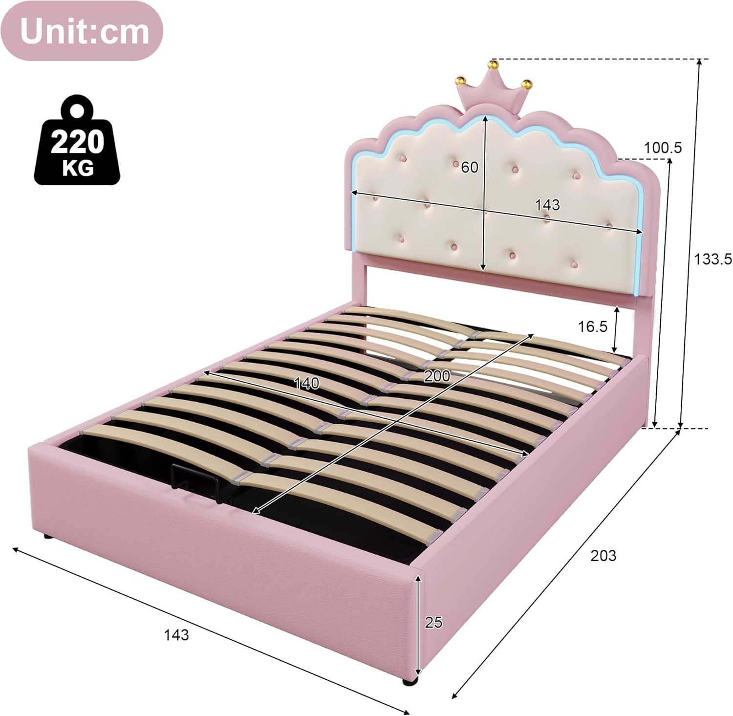 Merax 140x200cm Children's Upholstered Bed Dimensions Diagram