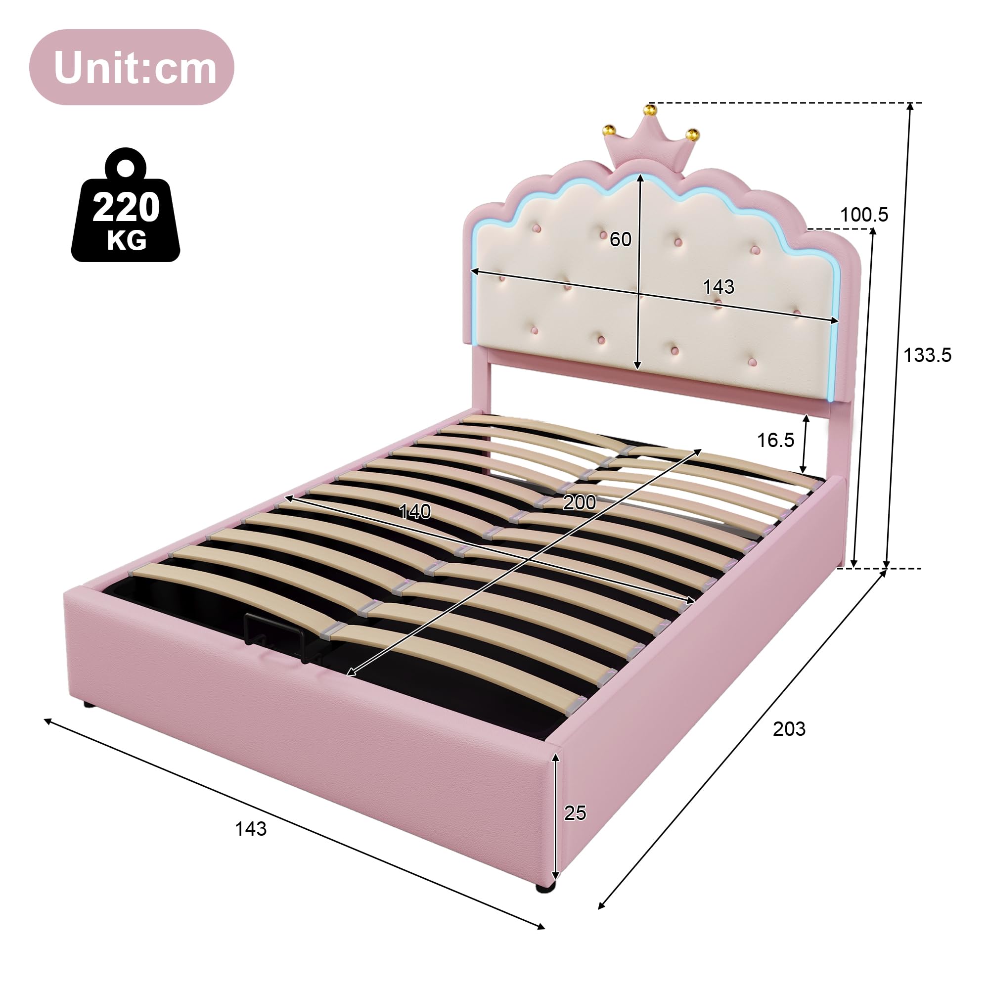 Cama Acolchada 140 x 200 cm,Cama contenedor hidráulico,Cama Individual con luz Ambiental con Mando a Distancia,Forma de Corona de Princesa,Cama con somier,Material PU,para Niños,Rosa