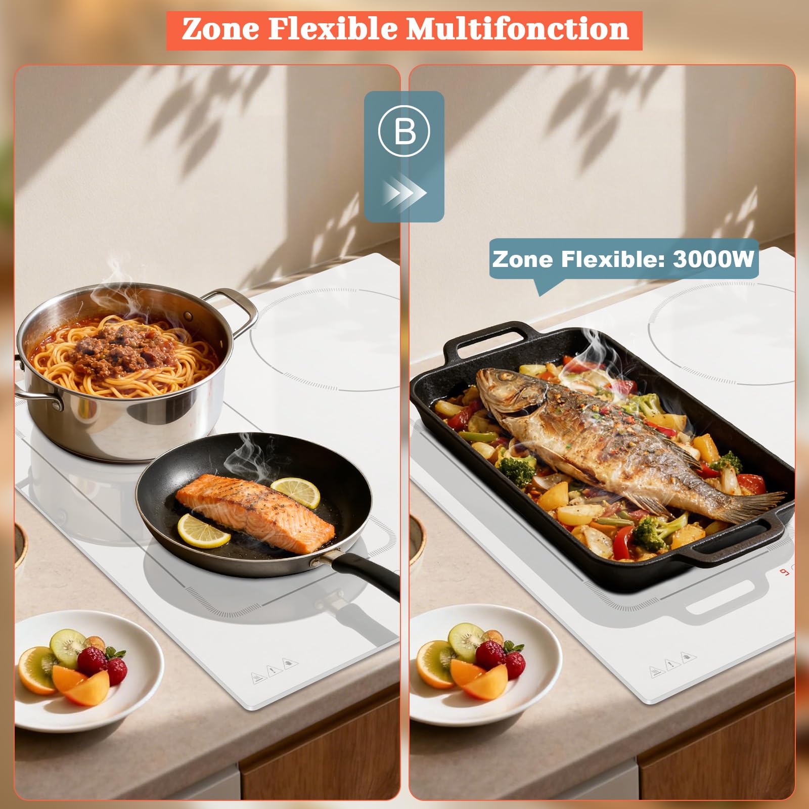 Plaque Induction 4 Feux Avec Prise, Plaque à Induction 60 cm Avec Boost, Zone Flexible, Verrouillage de Sécurité, Pause, Minuteur, Induction Blanche, 220-240 V, 3500 W