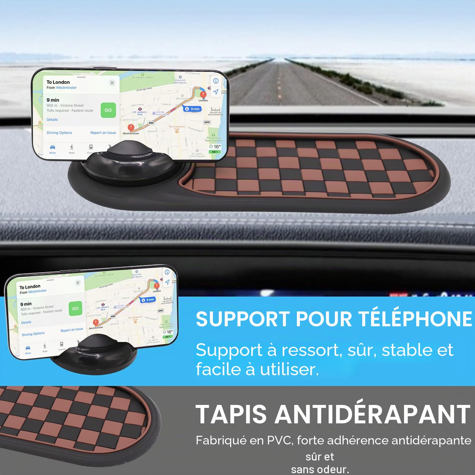 Tapis de tableau de bord antidérapant universel avec support de téléphone 2 en 1 – Tapis antidérapant pour clés et friandises | Poignée rotative à 360° + Parcomètre intégré