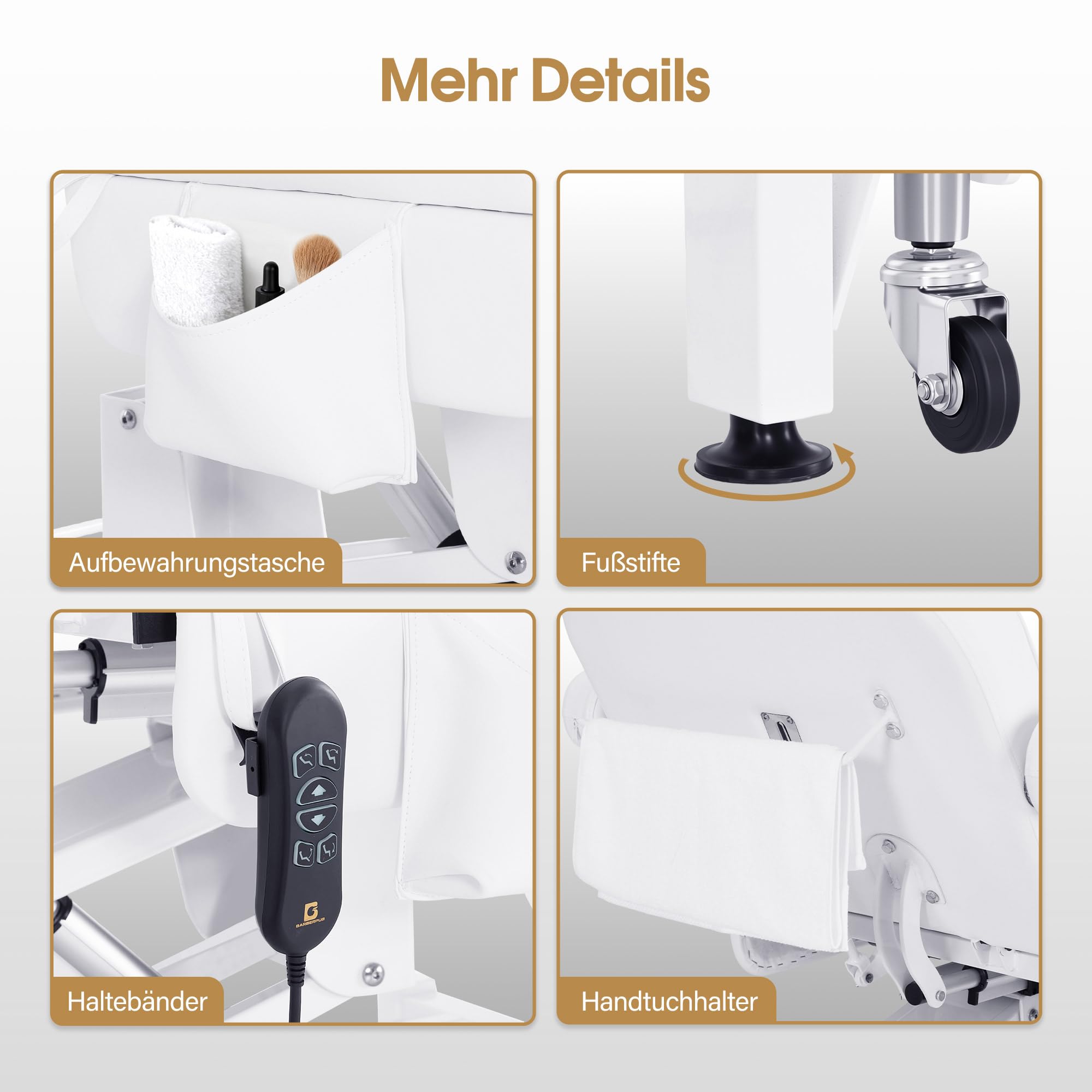 Barberpub Kosmetikliege Elektrisch mit 3 Motoren & Rollen, Massageliege Klappbar & 16CM Höhenverstellbar, 180°Drehbare Armlehnen, Tattoo Liege für SPA Salon 0754 (Weiß/Kunstleder)