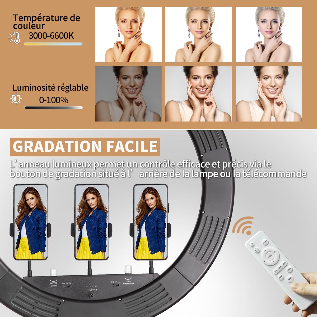 25 Pouces Mural pour Anneau Lumineux avec Support de Téléphone, Bras de Perche Triangulaire Réglable de Plafonnier pour Studio de Photographie d’Eclairage, en Direct, Salon, Coiffure