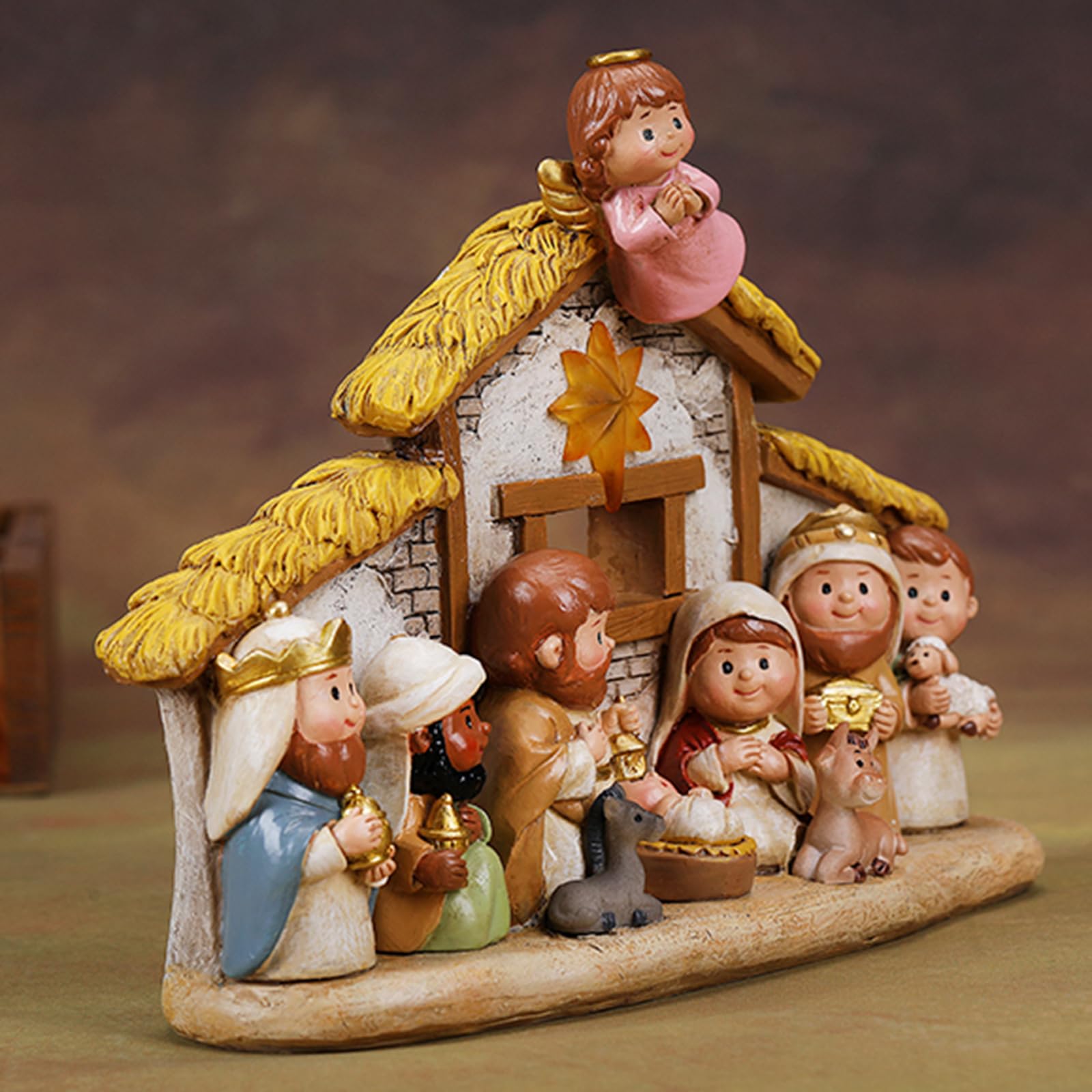 Fenteer Ensemble de Crèche de Noël en Résine Religieuse Miniature, Crèche de Noël, Polyrésine, Ornement de Dessin Animé avec Lumière, Décoration de Noël