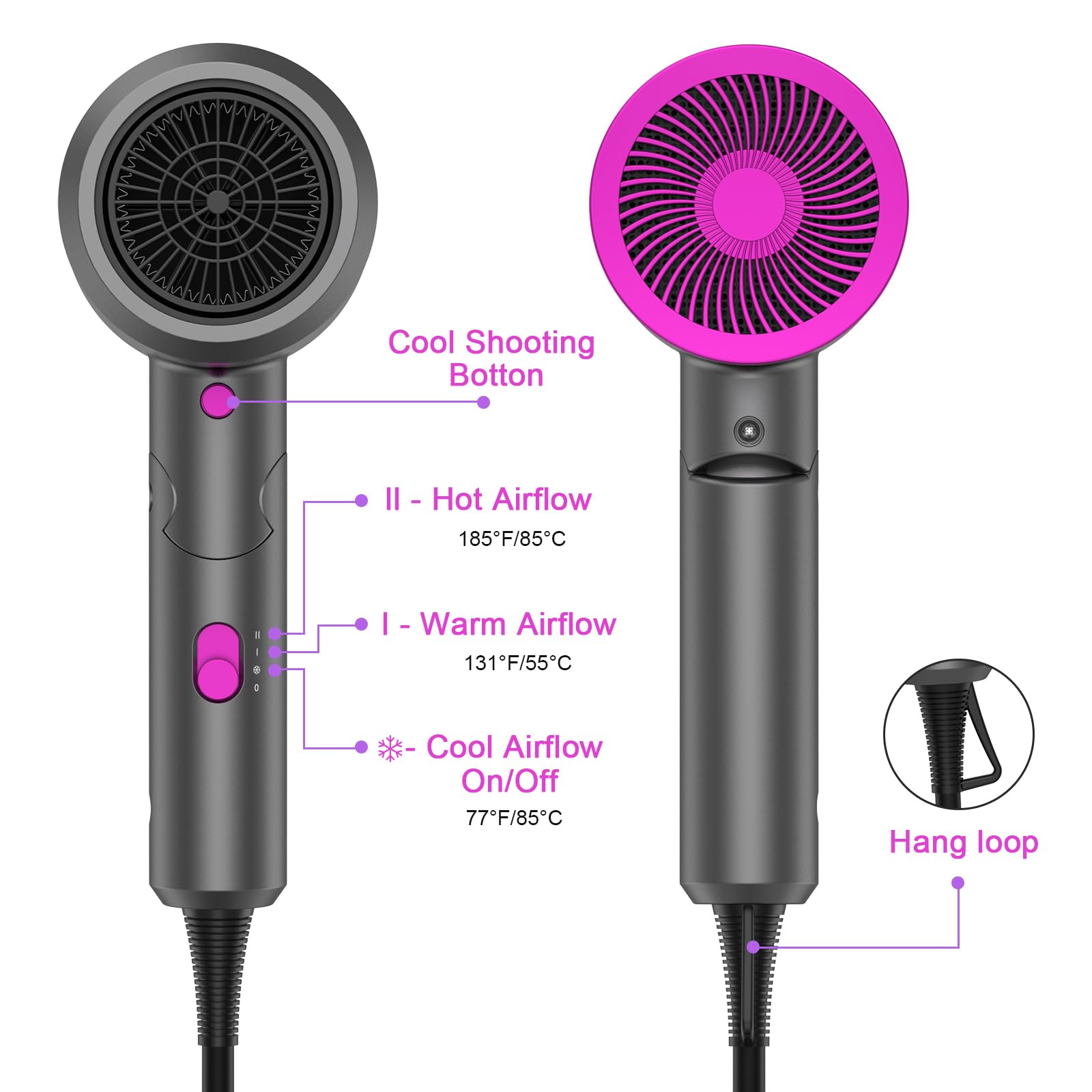 Asciugacapelli Slopehill, phon capelli professionale 1800W per Asciugatura Rapida, Tecnologia a Ioni, Pulsante Caldo/Freddo, 1 Diffusore 1 Concentratori, 3 Impostazioni Di Temperatura (Grigio)