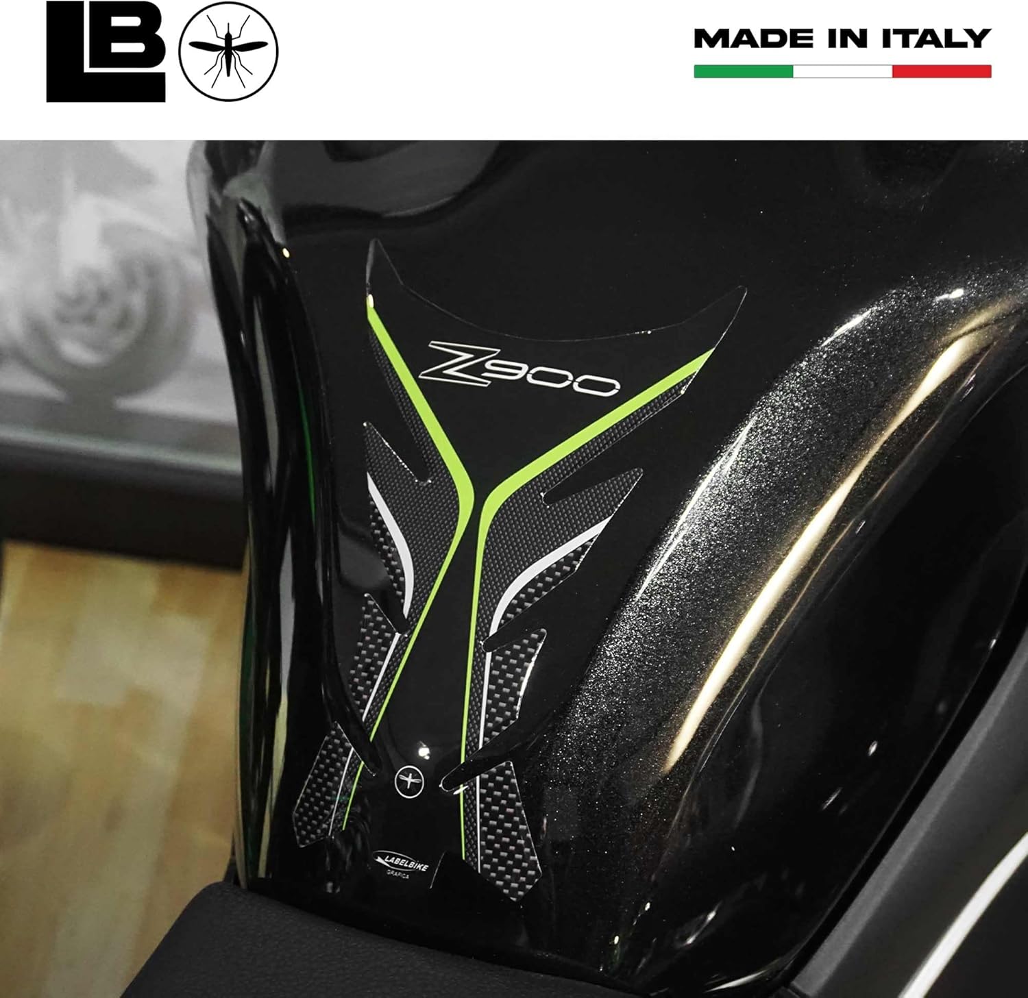 labelbike - 3D Sticker Motorcycle Fuel Tank Pad Protection and Decoration in Resin compatible with KAWASAKI Z900 - Color Carbon Green