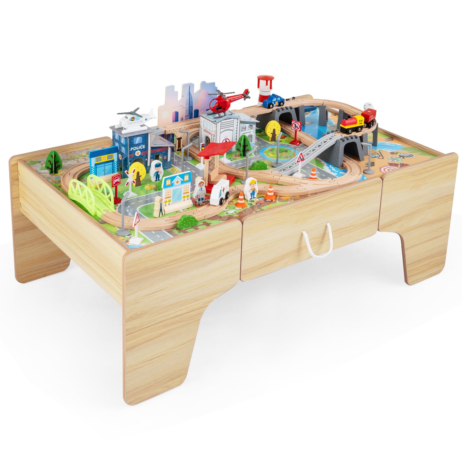 COSTWAY Tavolo Attività per Bambini 3+ Anni, con 110 pz Giocattoli Trenino | Tavolino Creativo con Cassetto e Piano Reversibile e Rimovibile, con Binari, Sistema di Traffico e Mappa, per Gioco e Studio