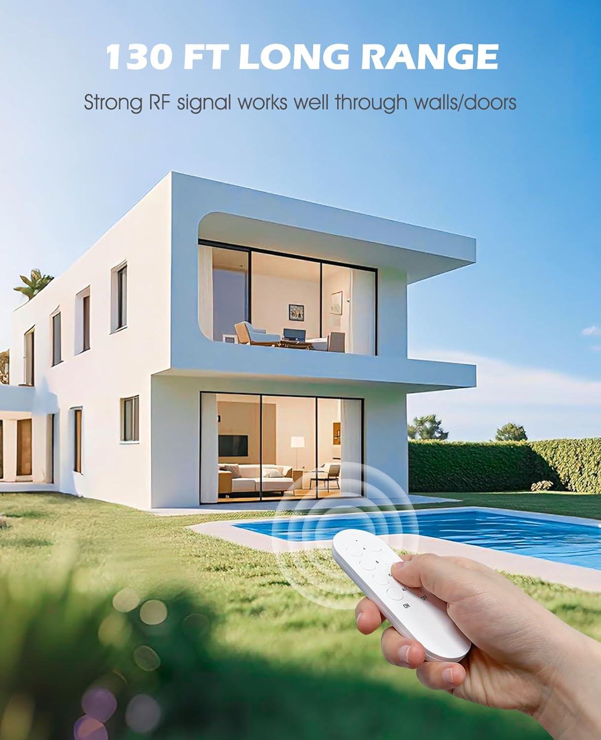 A hand holding the SURNICE remote control, pointing towards a modern house with a pool, illustrating the 130 ft long range capability.