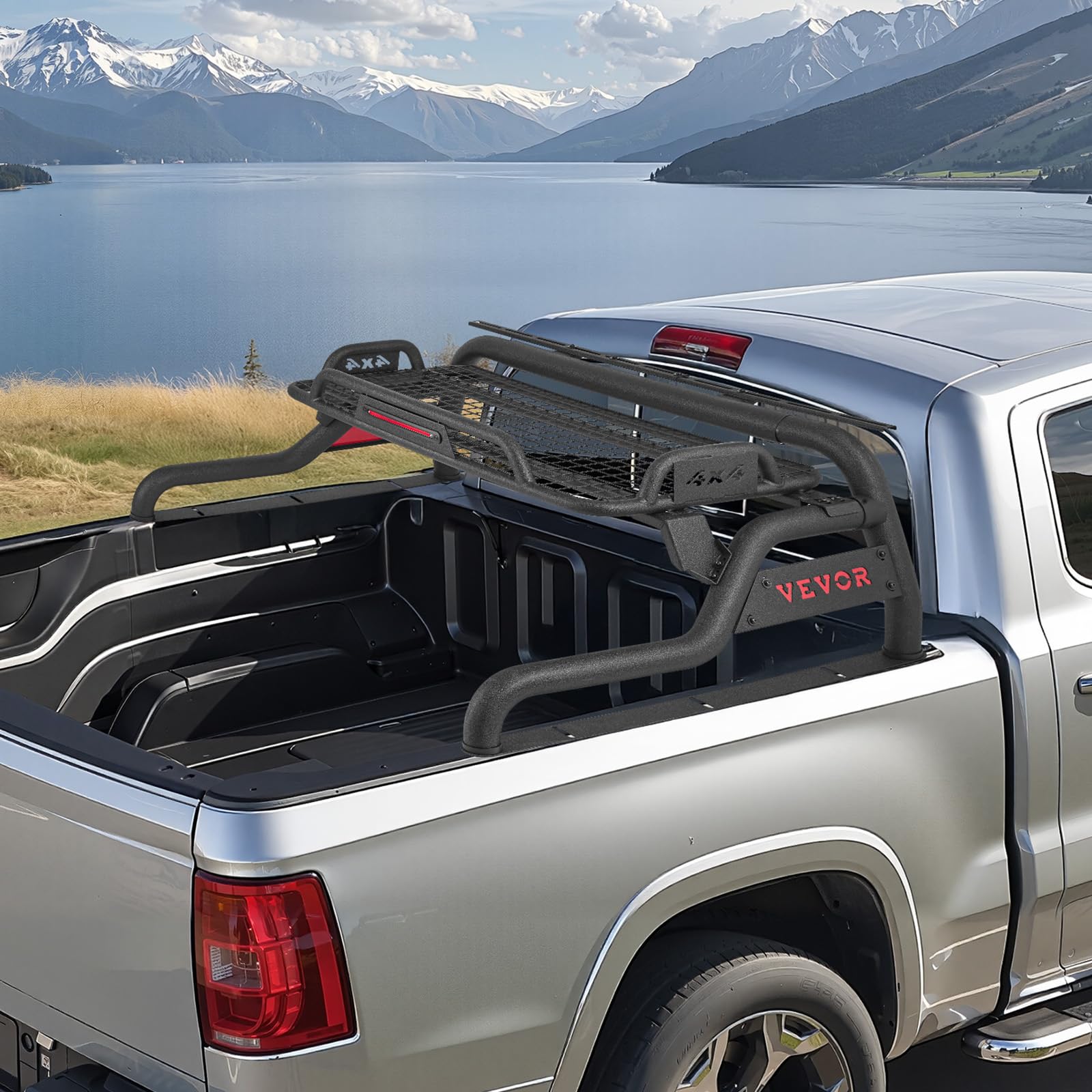 VEVOR Arceau de Sécurité Arrière pour Pick-up, Barre de Benne Réglable Universel, Compatible avec Pickup Pleine Grandeur, en Acier au Carbone, avec Plateau Porte-bagages et Feu Stop LED, Camion