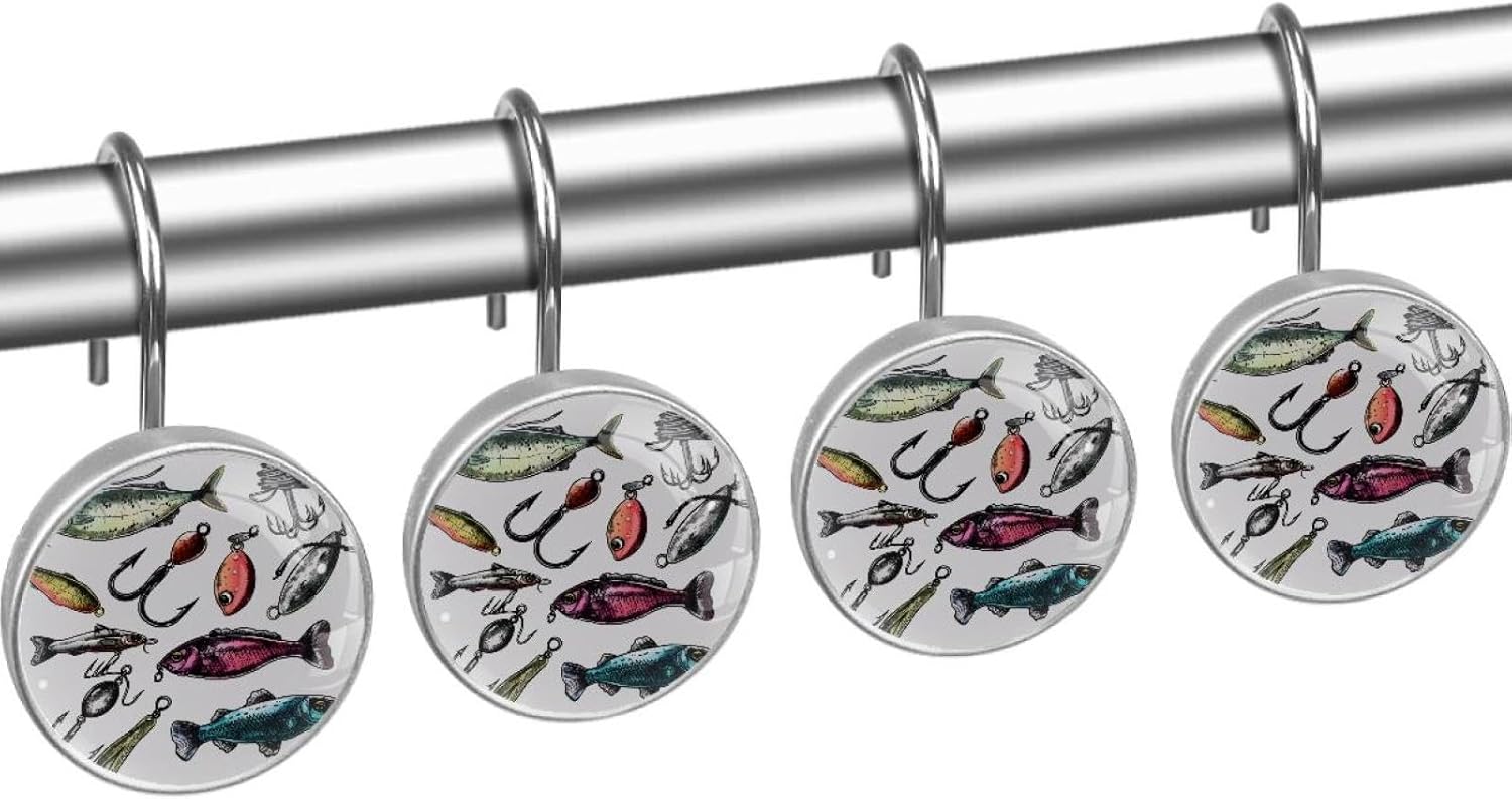 Various Fishing Lures Shower Curtain Hooks, Rustproof Shower Curtain Rings for Bathroom, Metal Decorative Shower Curtain Hooks Hangers for Shower Curtain Rod, Set of 12