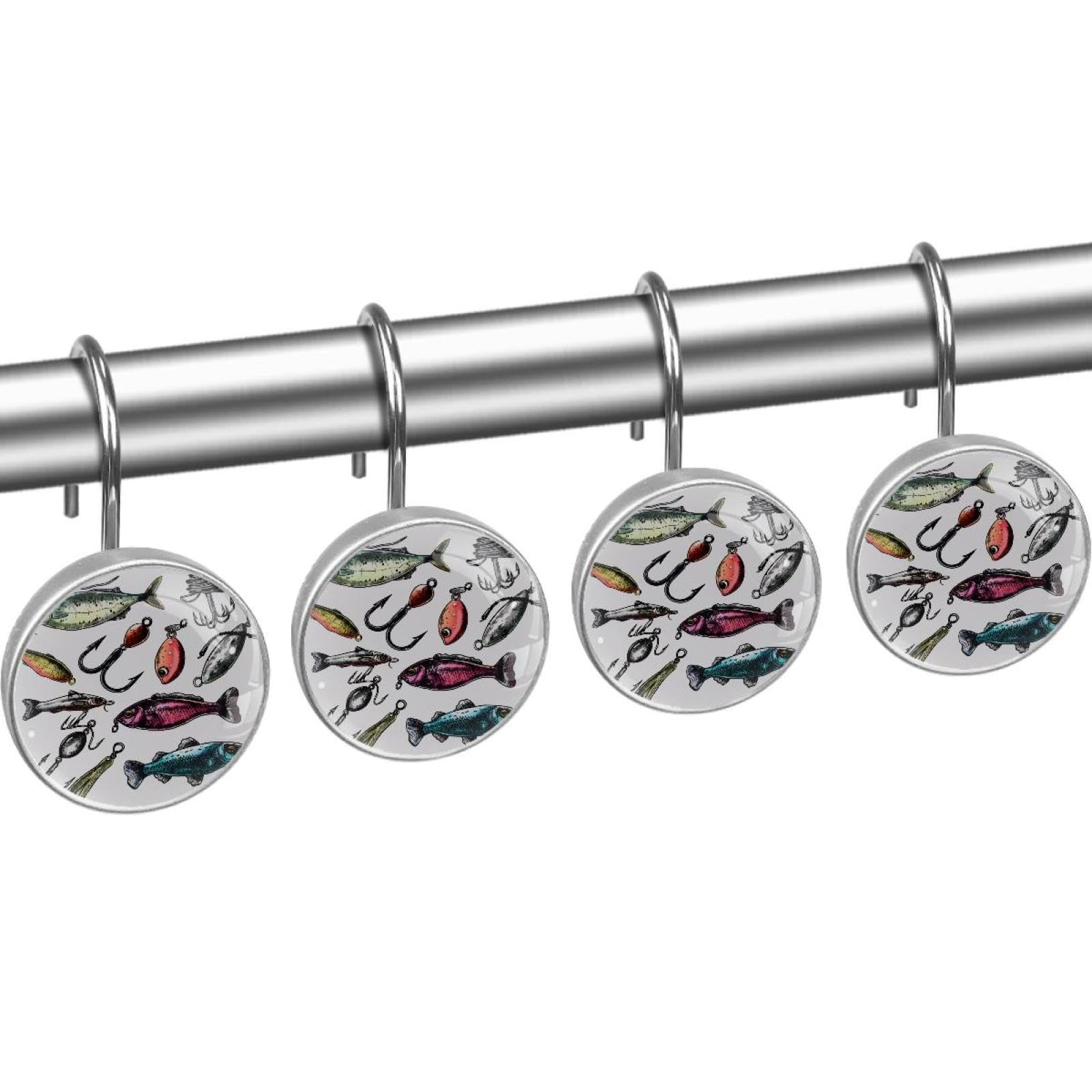 Various Fishing Lures Shower Curtain Hooks, Rustproof Shower Curtain Rings for Bathroom, Metal Decorative Shower Curtain Hooks Hangers for Shower Curtain Rod, Set of 12