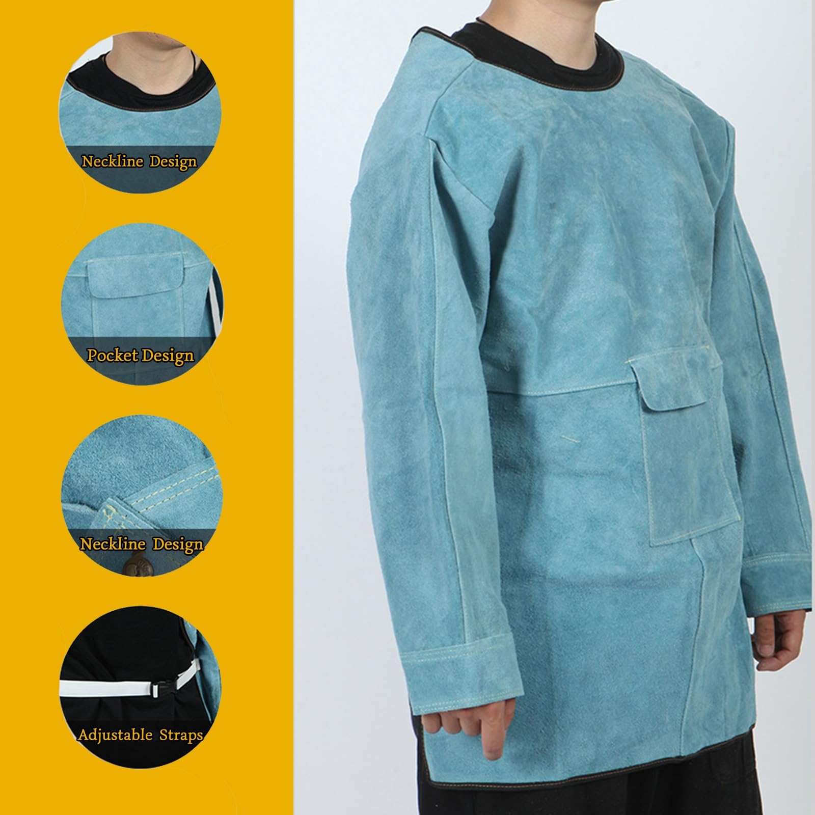 Delantal de Cuero para soldar con Manga Larga, Resistente al Fuego, para Trabajos Pesados, de Seguridad para herreros, Color Azul.