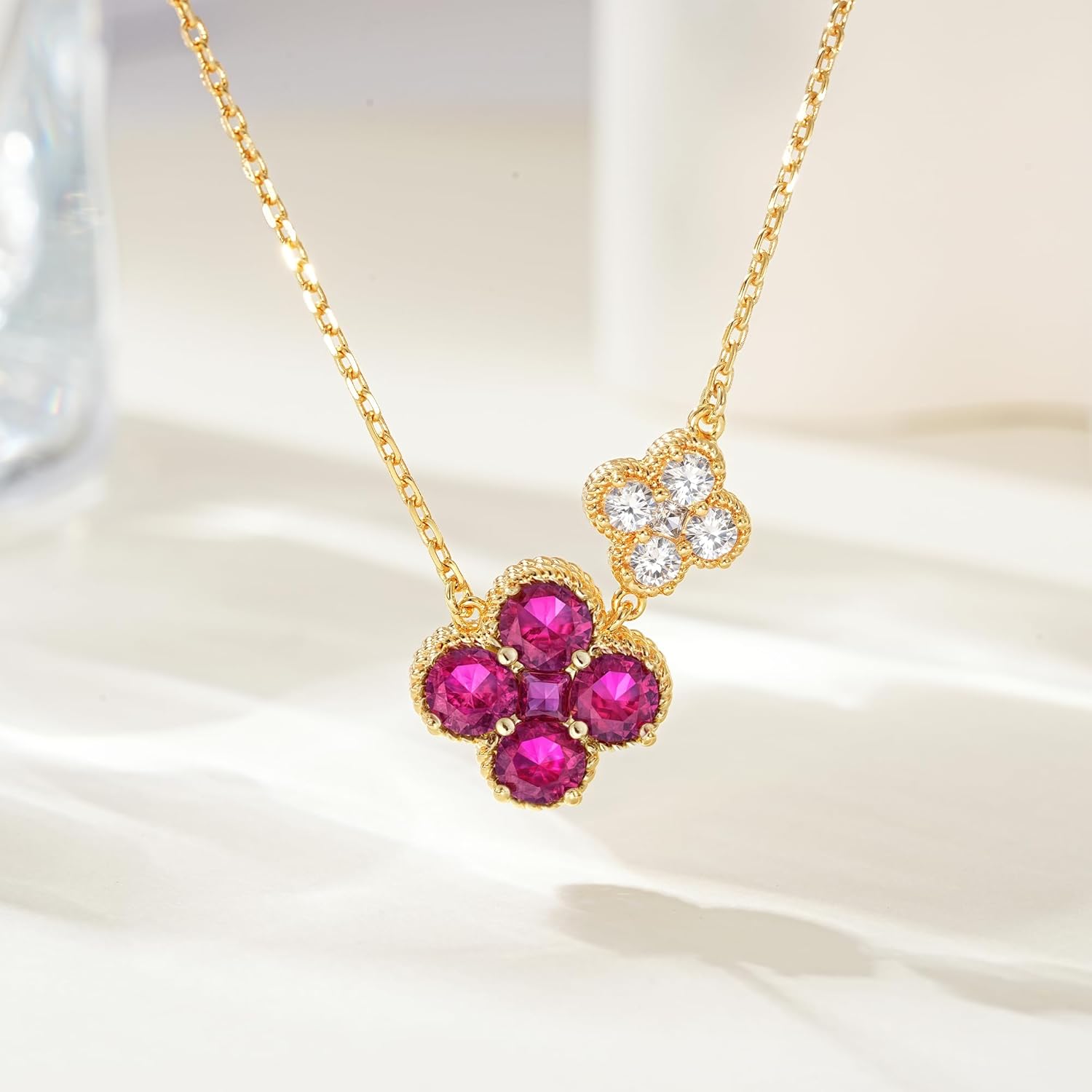 Birthstone Necklace for Women - 14K Gold Plated Clover Necklace - Four Leaf Clover Necklaces Cubic Zirconia Flower Pendant Simple Dainty Floral Lucky Jewelry Gift - Image 5