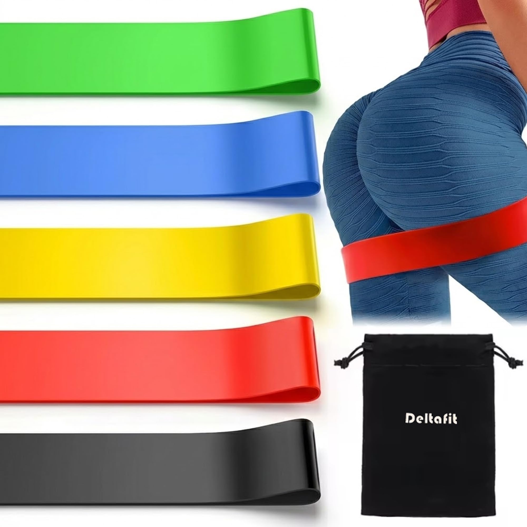Deltafit Exercise Resistance Bands (5 Levels) - Latex-Free TPE Workout Loop Bands for Legs, Butt, Yoga & Pilates - Odourless & Skin-Friendly Home Gym Fitness Equipment with Travel Pouch