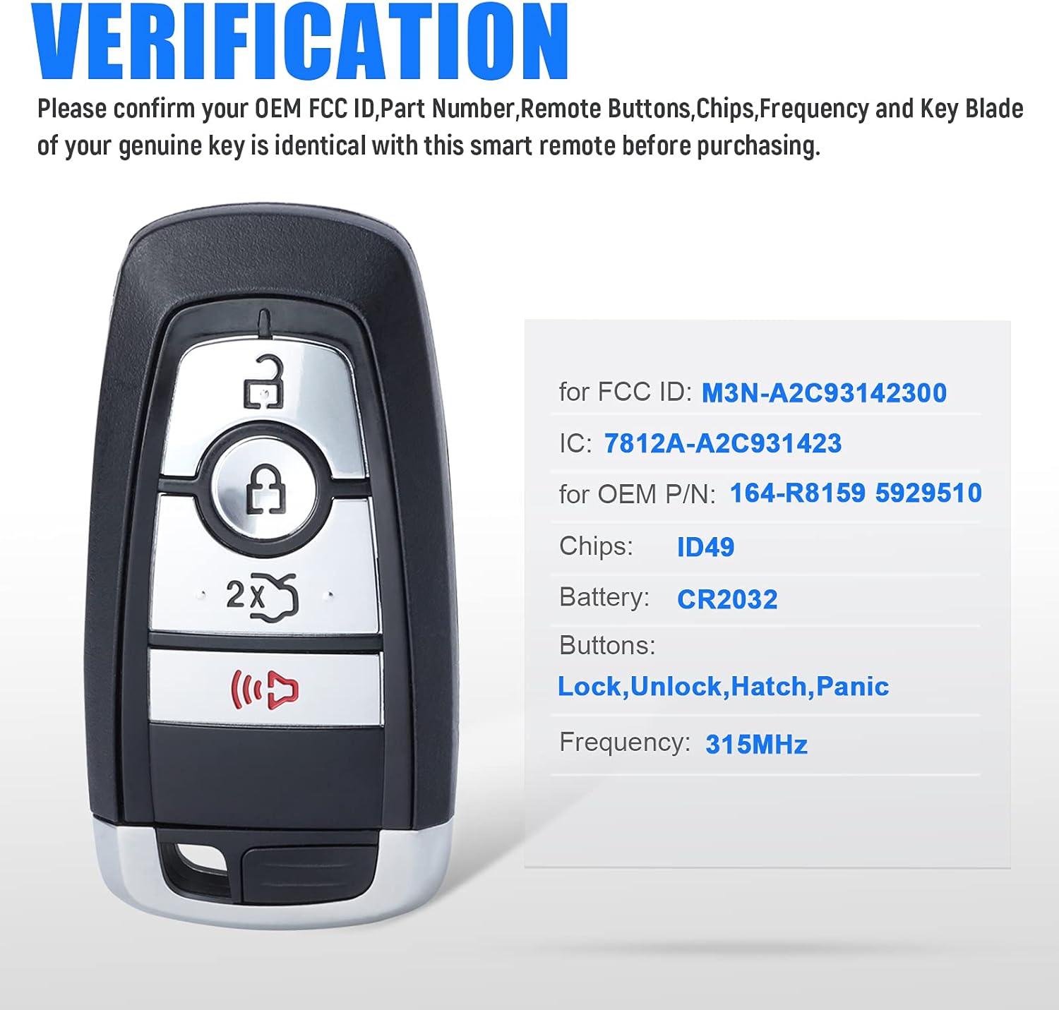 Car Key Fob Keyless Entry Remote Key for Ford Mustang 2018 2019 2020 FCC ID:M3N-A2C931423 P/N 164-R8159 4 Buttons