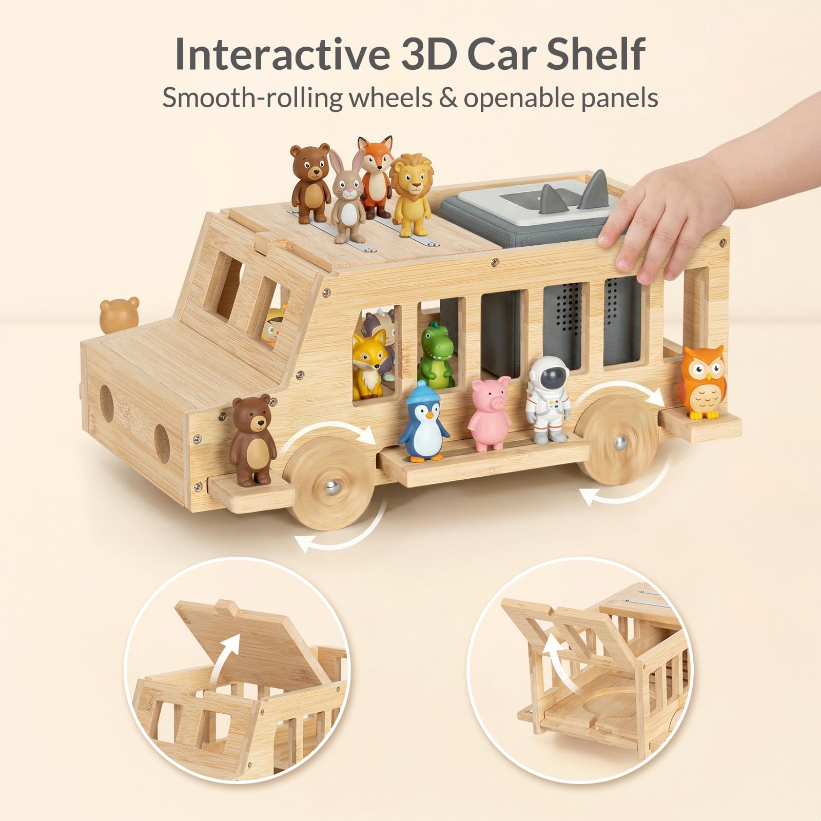 Todeco Étagère Magnétique à Poser, pour Tonies et Toniebox, Bus 3D | 20-30 Tonies, Bande Magnétique Renforcée, Compatible avec Station de Charge, Matériel de Montage Inclus, Bambou Robuste