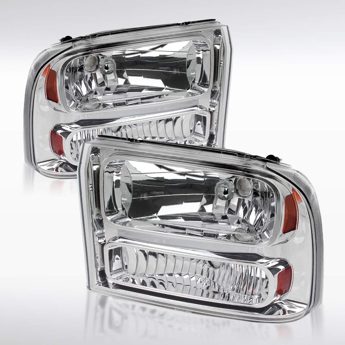 Compatible with 1999-2004 Ford F250 F350 F450 F550 Superduty 2000-2004 Ford Excursion Chrome 1Pc Style Headlights W/Bumper Lamp L + R Pair Headlamp