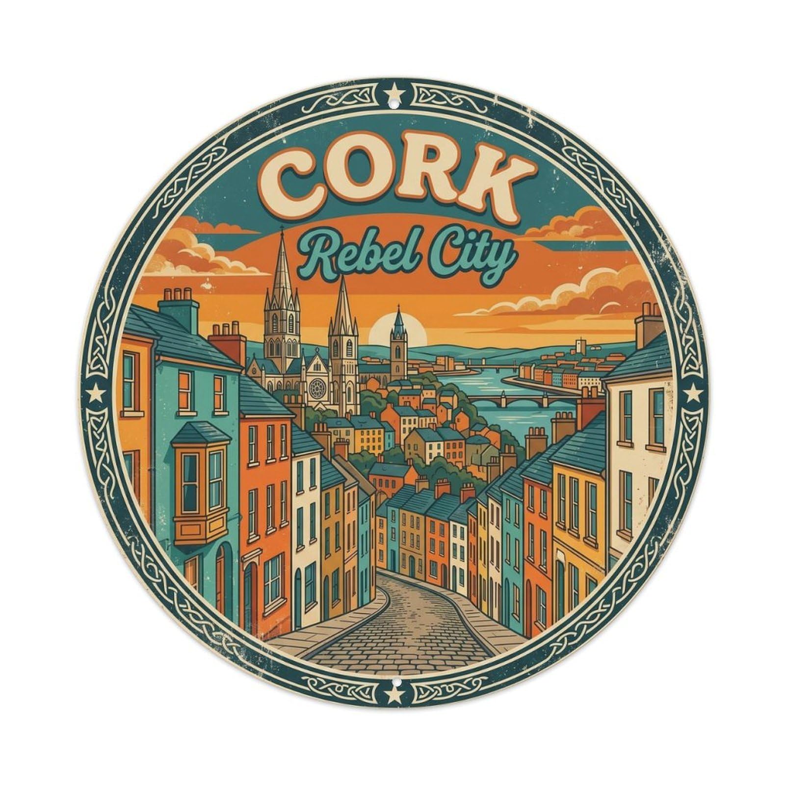 Cmhok Vintage Style Vintage Travel Cork Historic Town Metal Tin Sign Plaque Wall Decor For Cafe, Club, Garden Round Metal Poster 8X8inch
