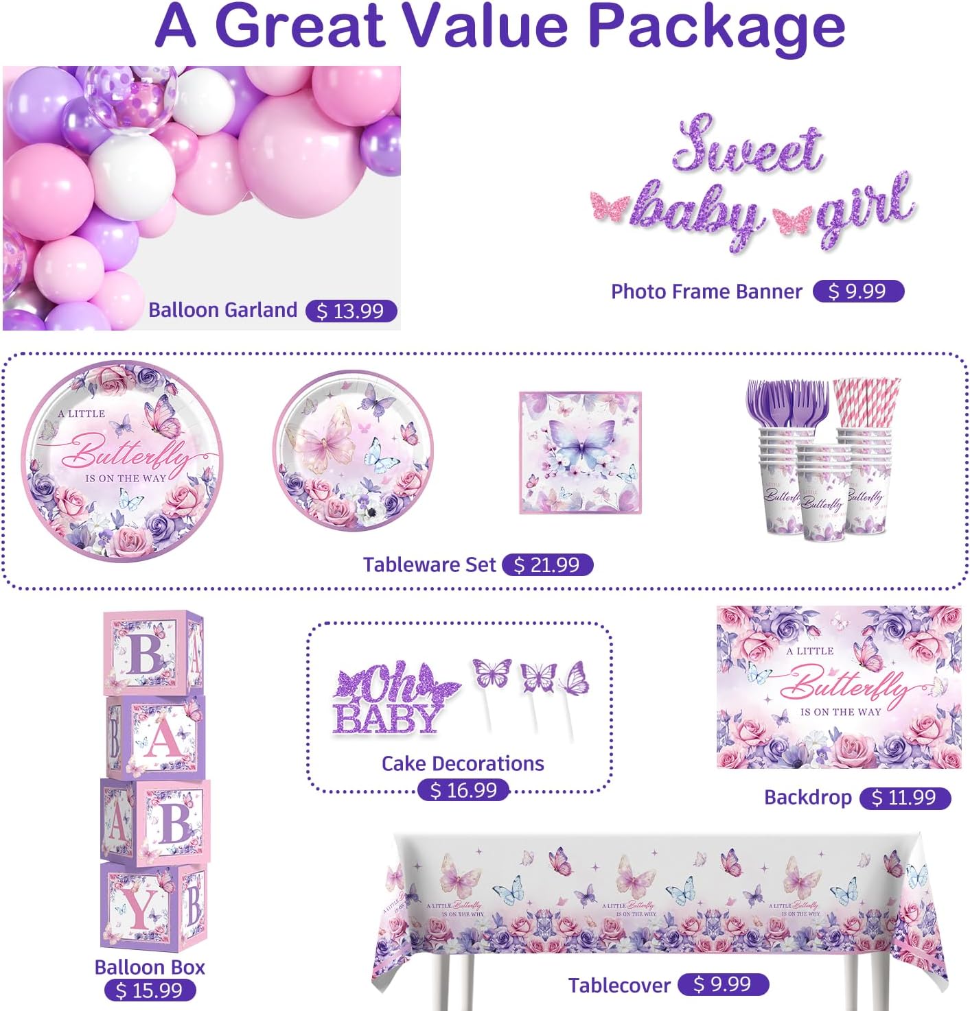 Butterfly Baby Shower Decorations Balloons Plates and Cups and Napkins Sets Purple Pink Sweet Baby Girl Baby Shower Themes A Little Butterfly is on Her Way Decorations for Girl