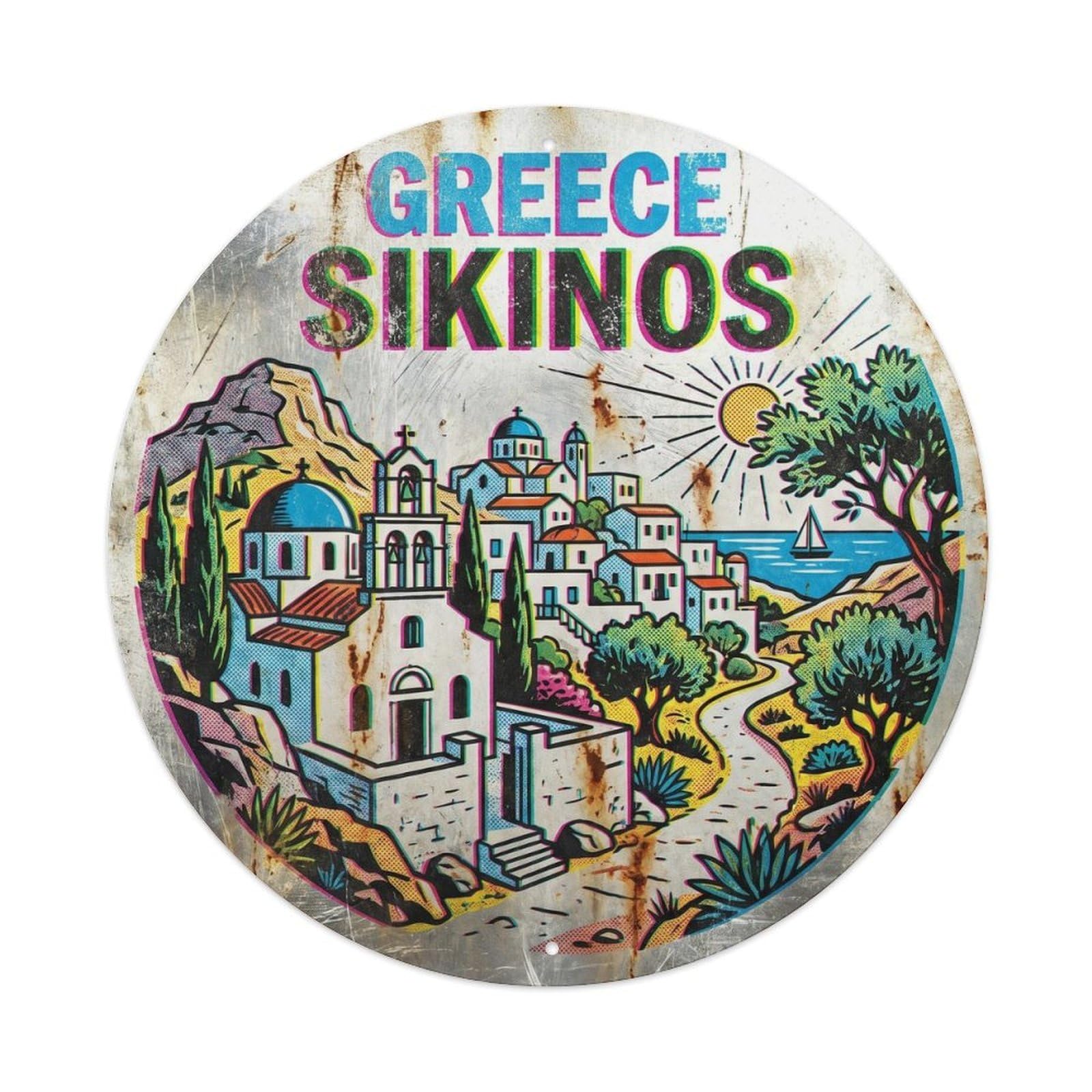 Sikinos Traditional Greek Retro Ink Europe Travel Metal Tin Sign Plaque Wall Decor for Cafe, Man Cave, Club Bar, Office, Home Garden Round Metal Poster 8x8Inch