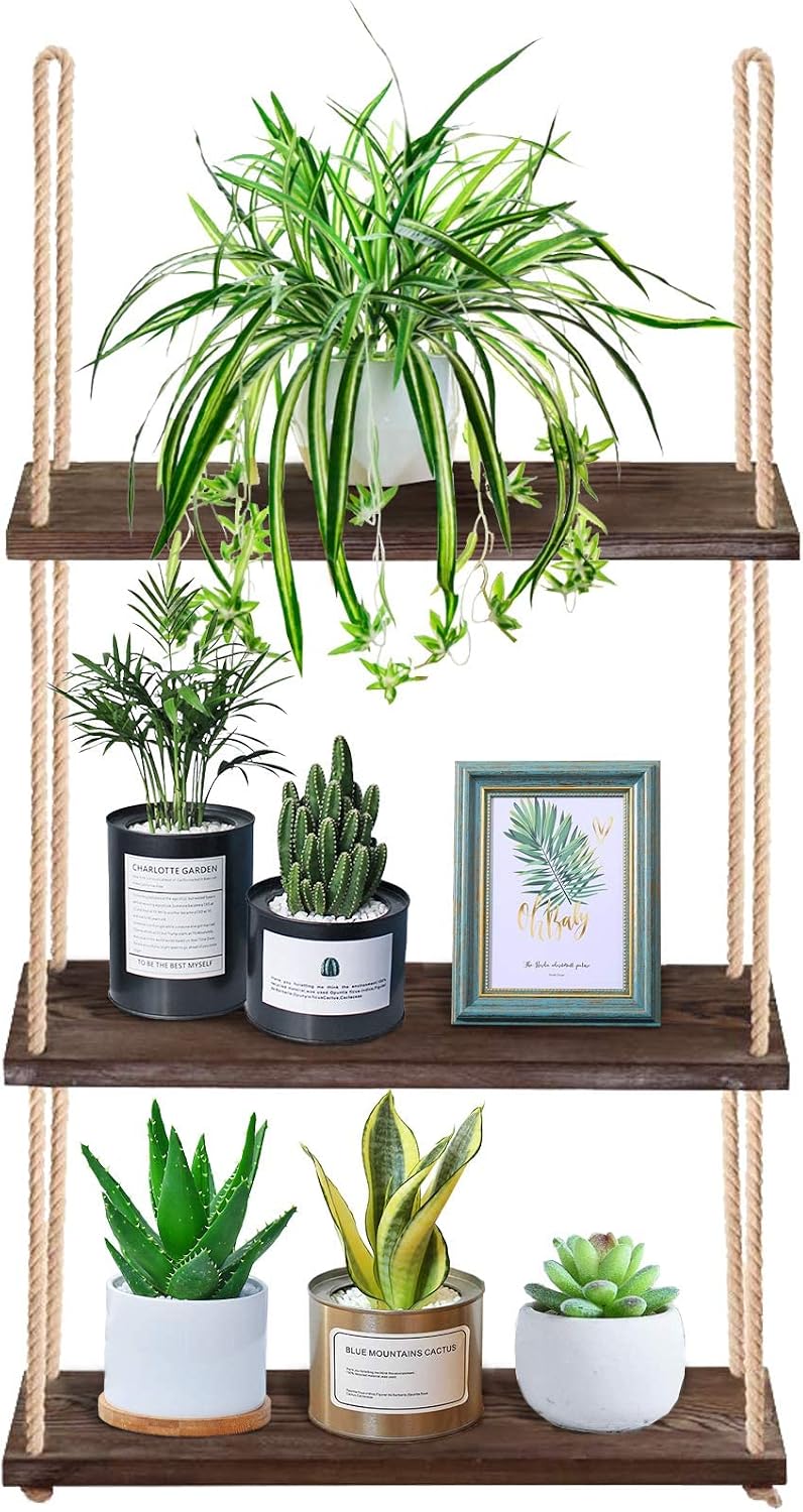Yazoo Hanging Shelf - 3-Tier Boho Wall Shelf for Plants Indoor - Wooden Decor Rope Shelf - Window Plant Hanger Home Farmhouse Bathroom Rustic Bedroom Decor