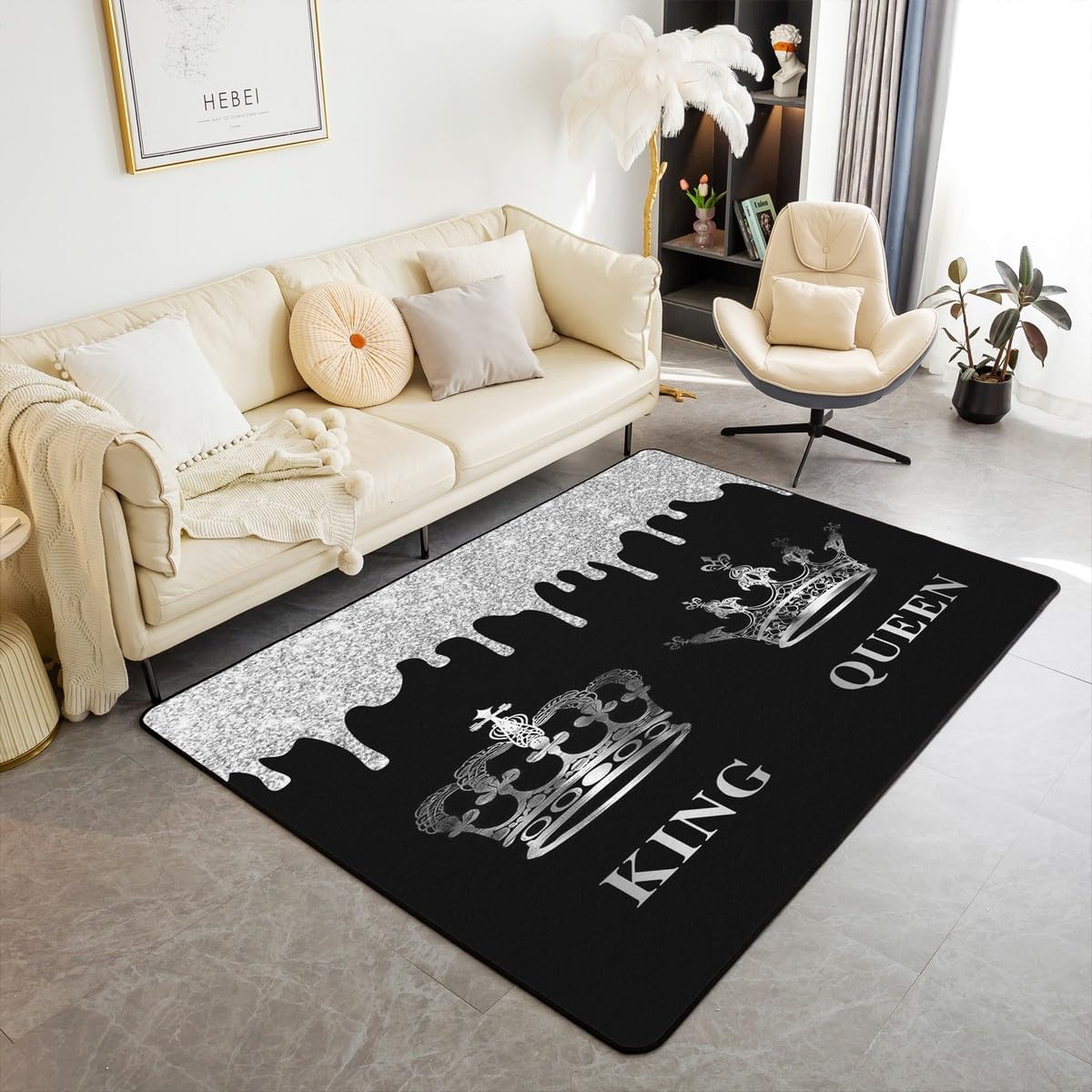 Feelyou King and Queen Living Room Rugs for Kids Boys Girls Couple Lover Print Accent Rug Area Rug 5x7 Valentine Day Indoor Floor Mat Decor Grey and Black Decorative Rug Romantic