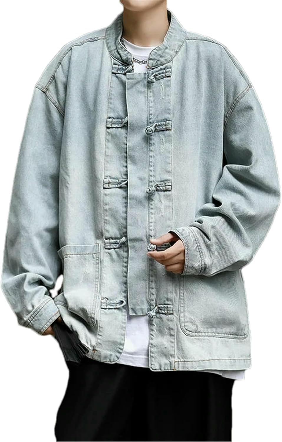 Men’s Denim Tang Suit Jacket Vintage Chinese Style Mandarin Collar Coat Frog Button Closure Jeans Streetwear Jacket