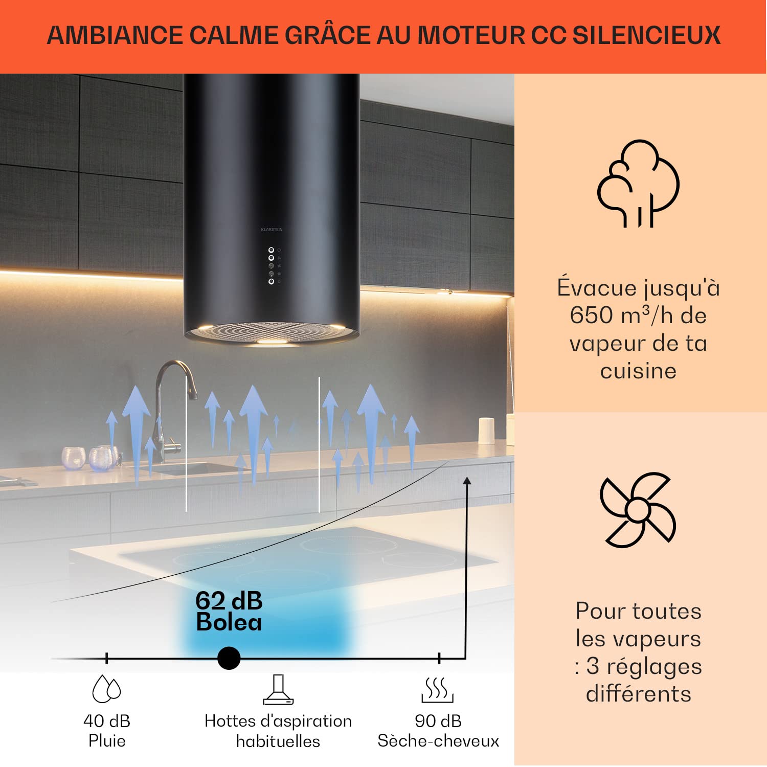 Klartstein Hotte Ilot Central Cuisine, Débit d'Air de 600 m³/h, Hotte pour Ilot 3 modes, Hotte Aspirante Suspendue, Filtres à Charbon Actif, Minuterie, Hotte de Cuisine Réglable avec Conduit Design