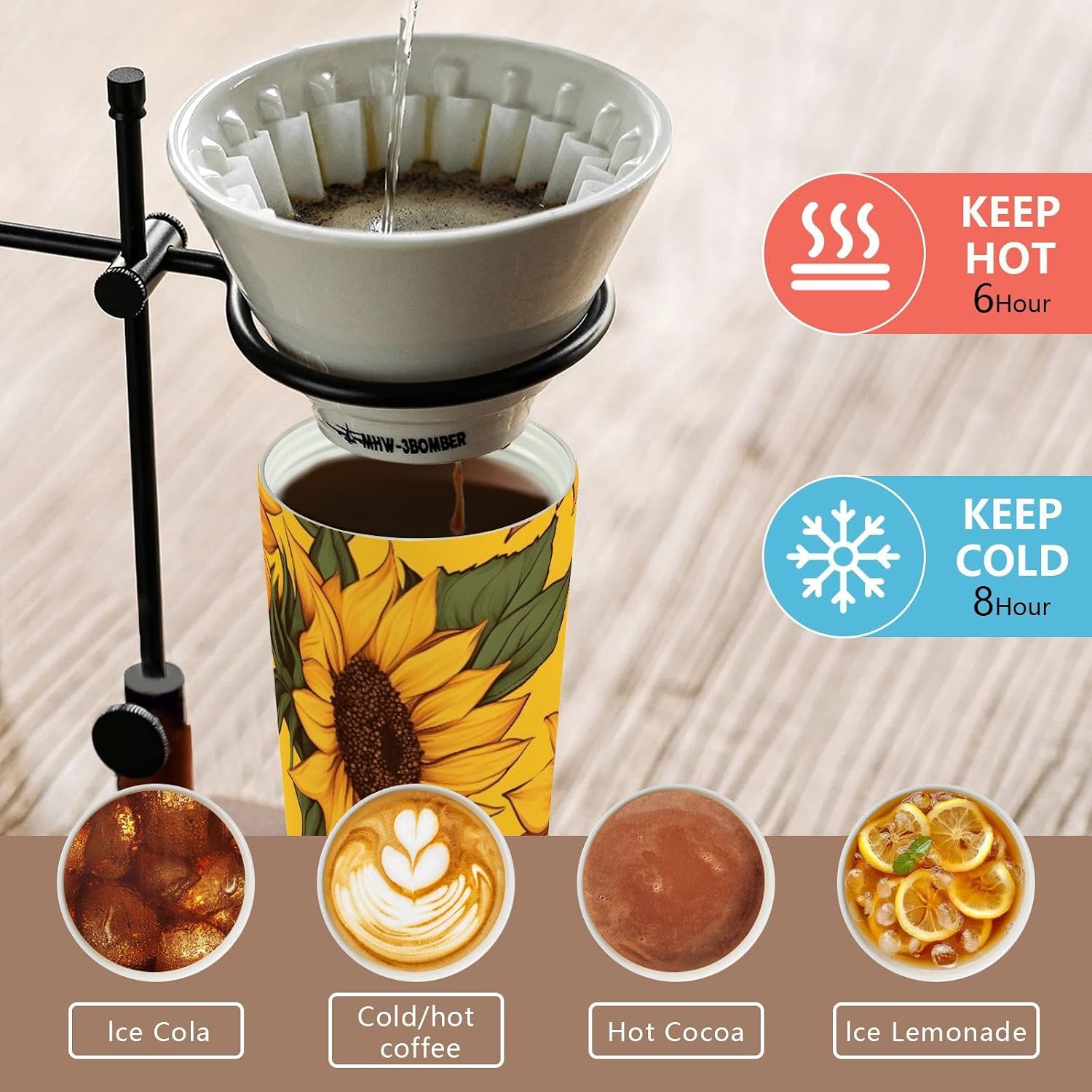 Insulated Coffee Mug Sunflower Leaf Art with Straw & Flip Lid, 16.9oz Iced Tumbler Cup, Double Wall Vacuum Mug for Travel Office Camping