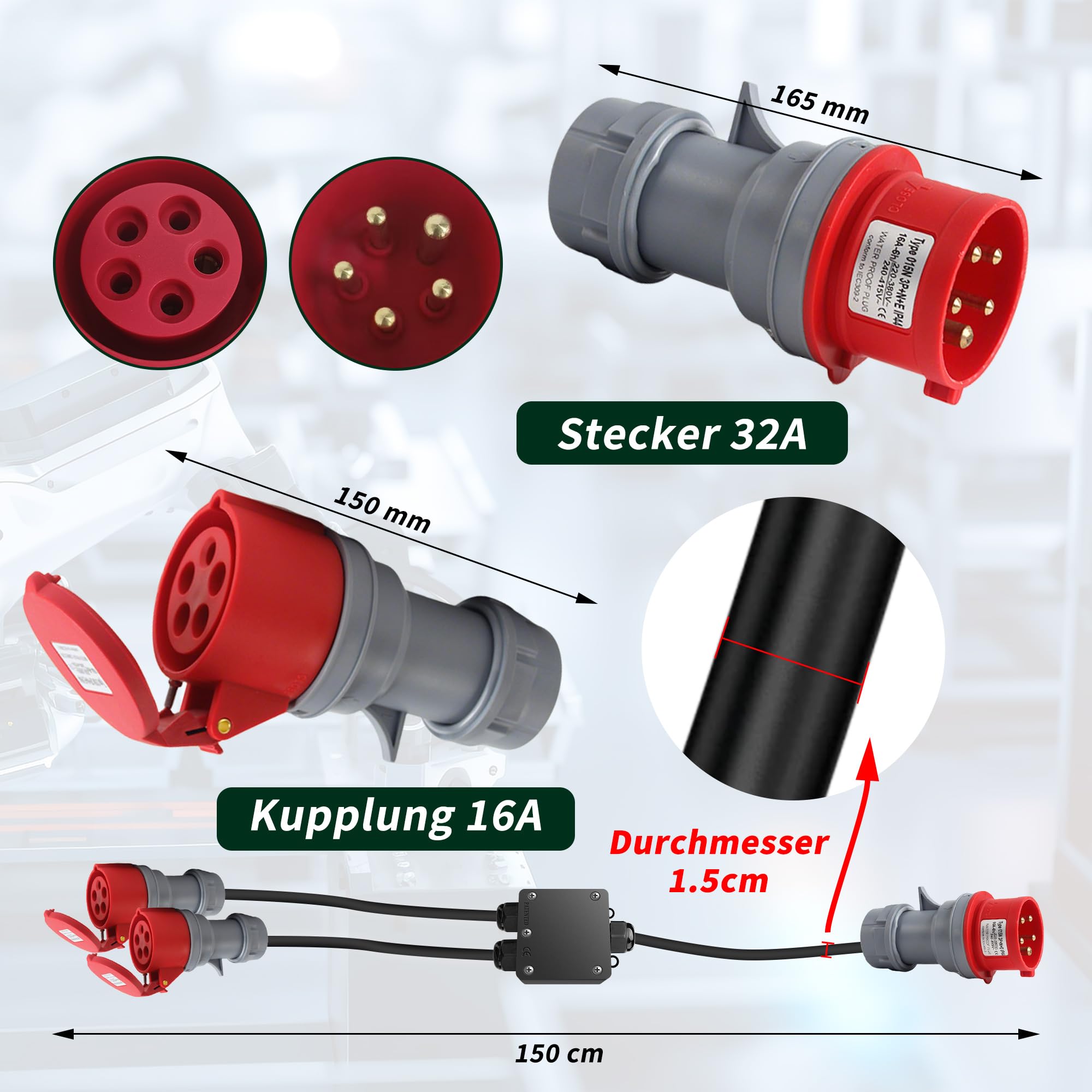 Adapter CEE 32 A na 16 A, 2 x wtyczka CEE 230 V 16 A, 5-biegunowy, przedłużacz 1,5 m, IP44-68, rozdzielacz prądu na kemping, na zewnątrz, do przemysłu, na plac budowy, do warsztatu
