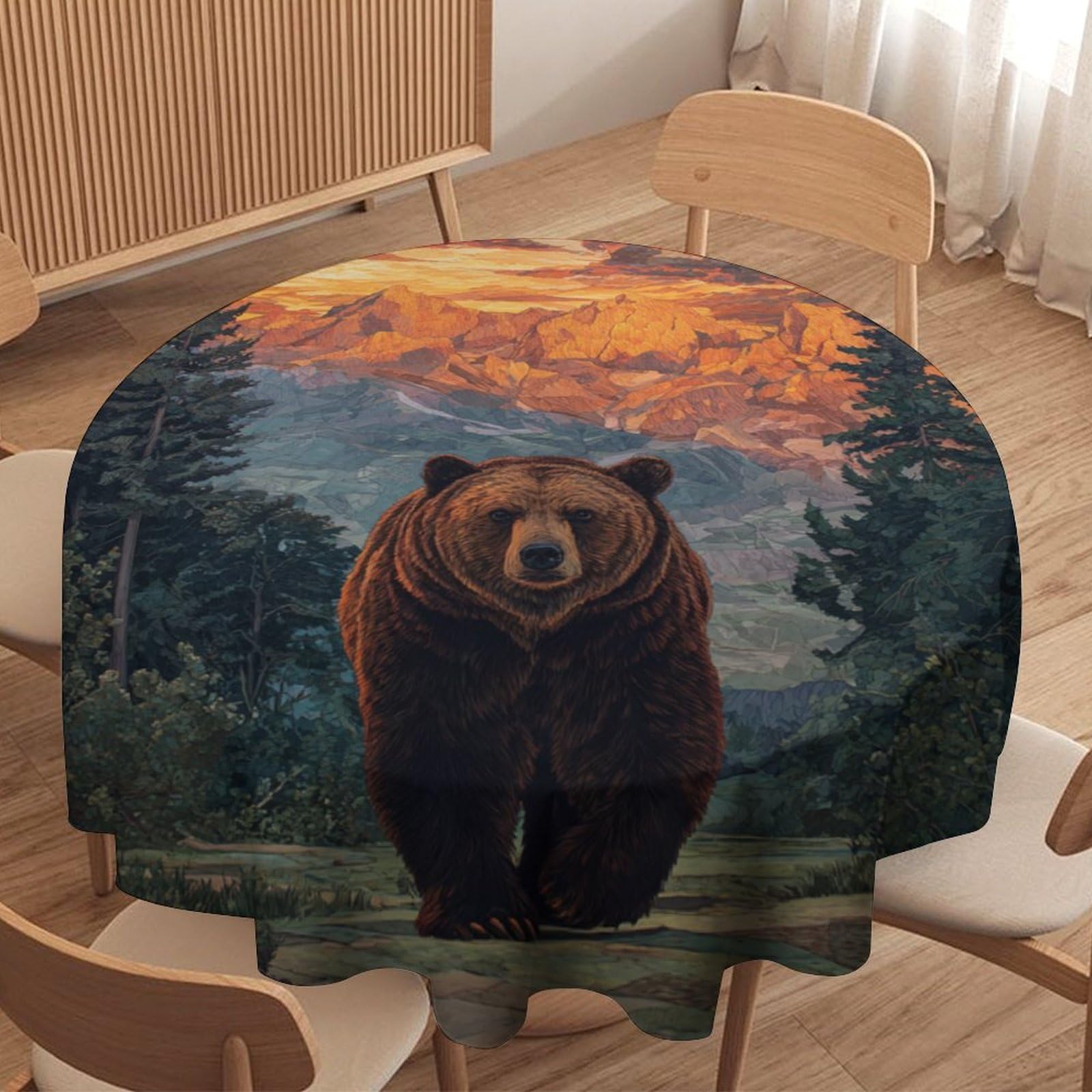 LUYYSKY Beautiful Rustic Animal Bear Round Tablecloth Mid Century Retro Woodland Landscape Black Bear Print Washable Decor for Table Cover for Kitchen-127 Wx127 L cm