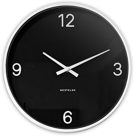 Westclox 20 Inch Contemporary Black and White Wall Clock with Large Easy to Read Dial, Quartz Accuracy, Glass Lens, Metal Hands and White Frame, Battery Operated Analog Clock for Home or Office