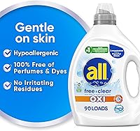 Vista 2 de all Detergente líquido para ropa, libre transparente para pieles sensibles con OXI, sin perfume e hipoalergénico, 2 veces concentrado, 90 cargas