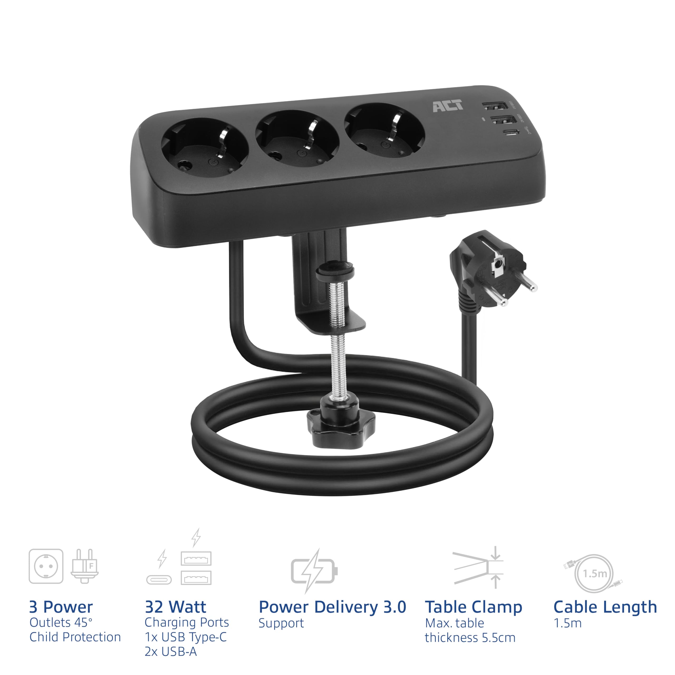 ACT Ciabatta da scrivania con 3 prese di tipo F, 30 W Power Delivery, porte USB di tipo C/A, cavo 1,5 metri AC2480