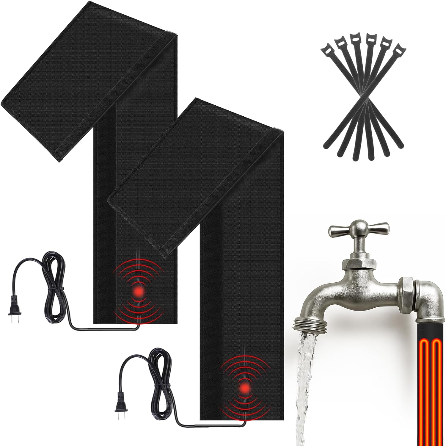 38.5" x 7" Water Pipe Heat Blanket with Thermostat, Self Regulating Faucet Heating Blanket, Winter Heating Tape for Metal and Plastic Pipes, 120V, Thermostat Max Temp 140˚F(2 Pack,Black)